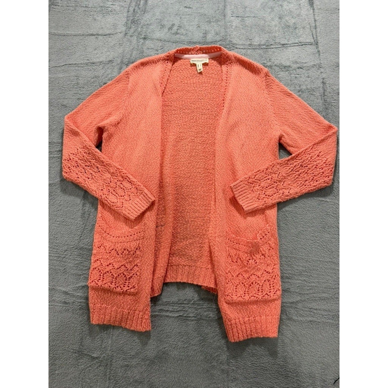 Bridgehampton Isaac Mizrahi Live Women Coral Pink Crochet Pointelle Cardigan L