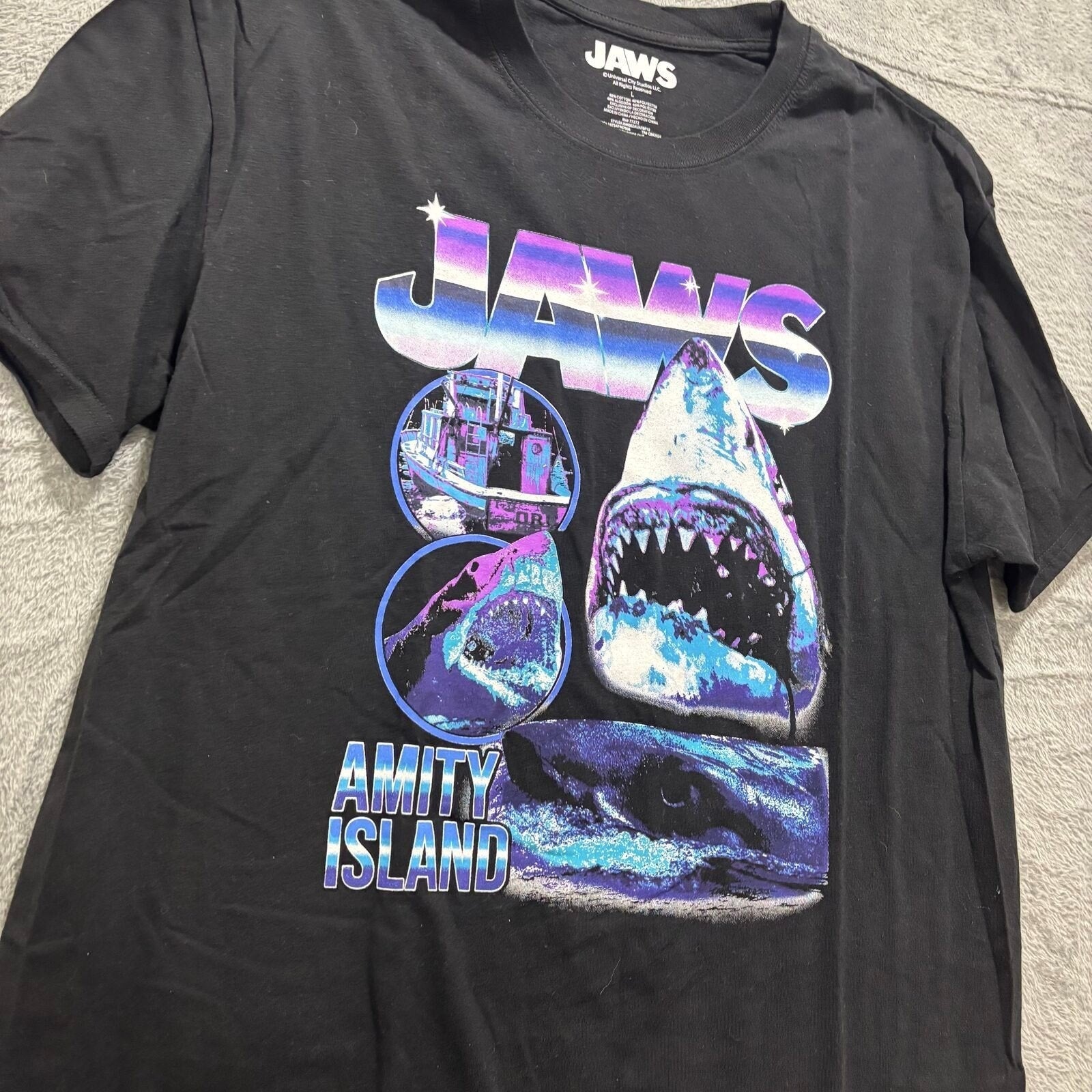 Jaws L Black Womens Graphic T-Shirt Amity Island Retro Vintage Casual