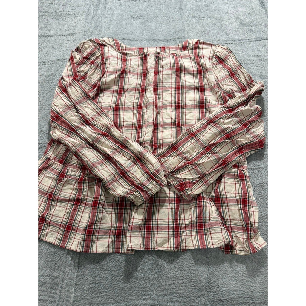LOFT Outlet Womens Red Plaid Peplum Blouse Long Sleeve Tie Neck Rayon Top Large