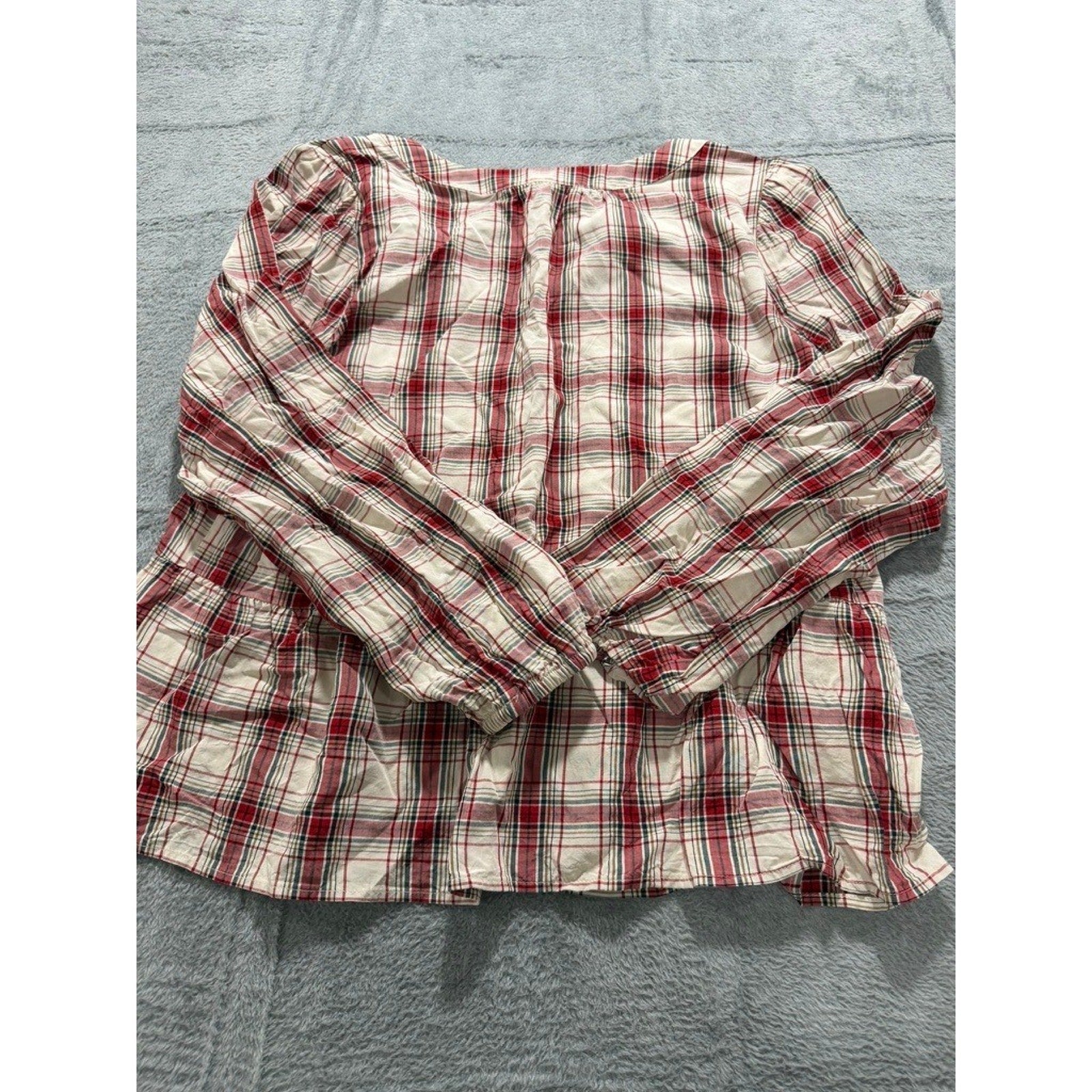 LOFT Outlet Womens Red Plaid Peplum Blouse Long Sleeve Tie Neck Rayon Top Large