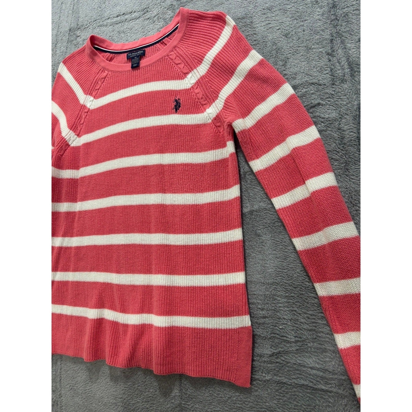 US Polo Assn Sweater Womens M Pink Stripe Knit Crewneck Logo Casual Preppy