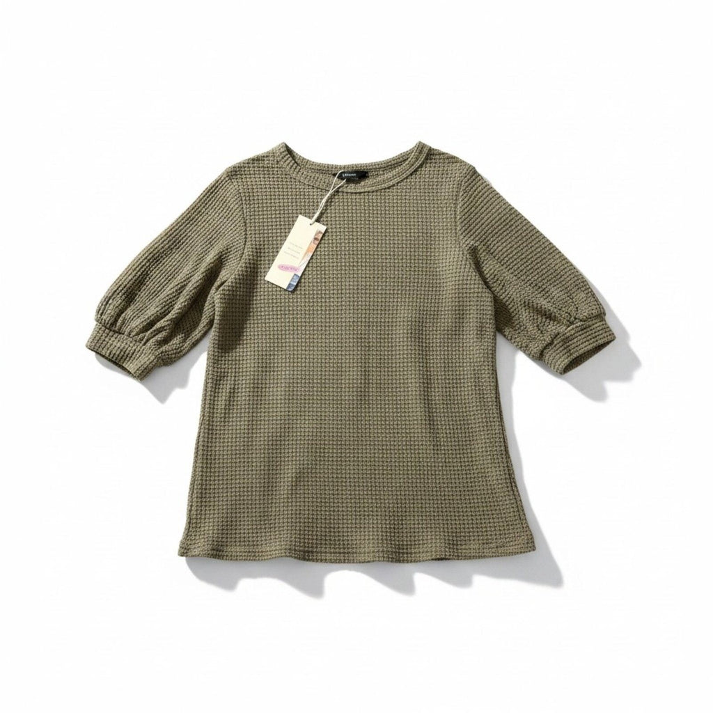 Dokotoo Womens S Olive Green Waffle Knit Puff Sleeve Top Casual Cozy Boho