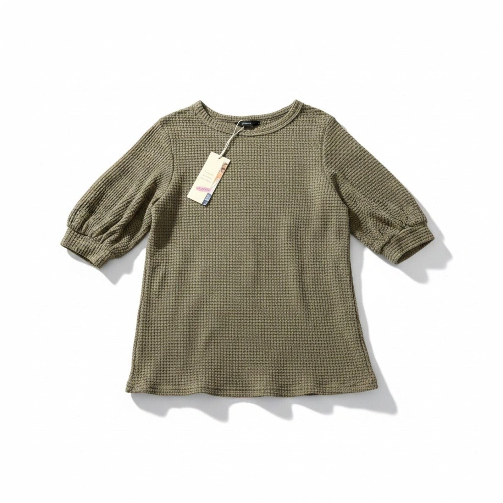 Dokotoo Womens S Olive Green Waffle Knit Puff Sleeve Top Casual Cozy Boho