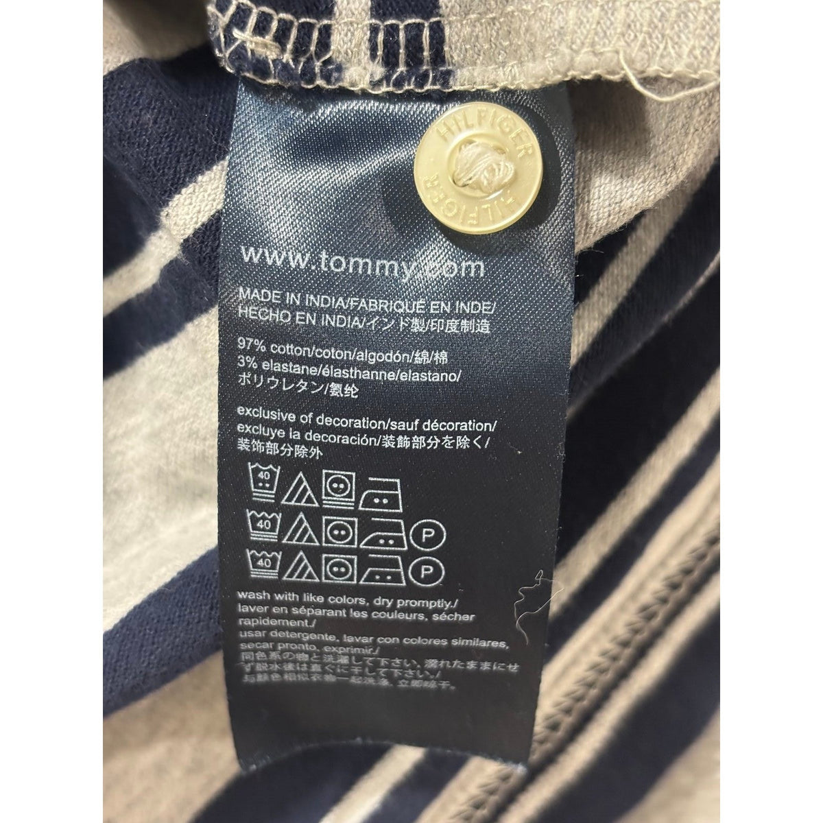 Tommy Hilfiger L Gray Navy Striped Slim Fit Polo Shirt Mens Preppy Casual