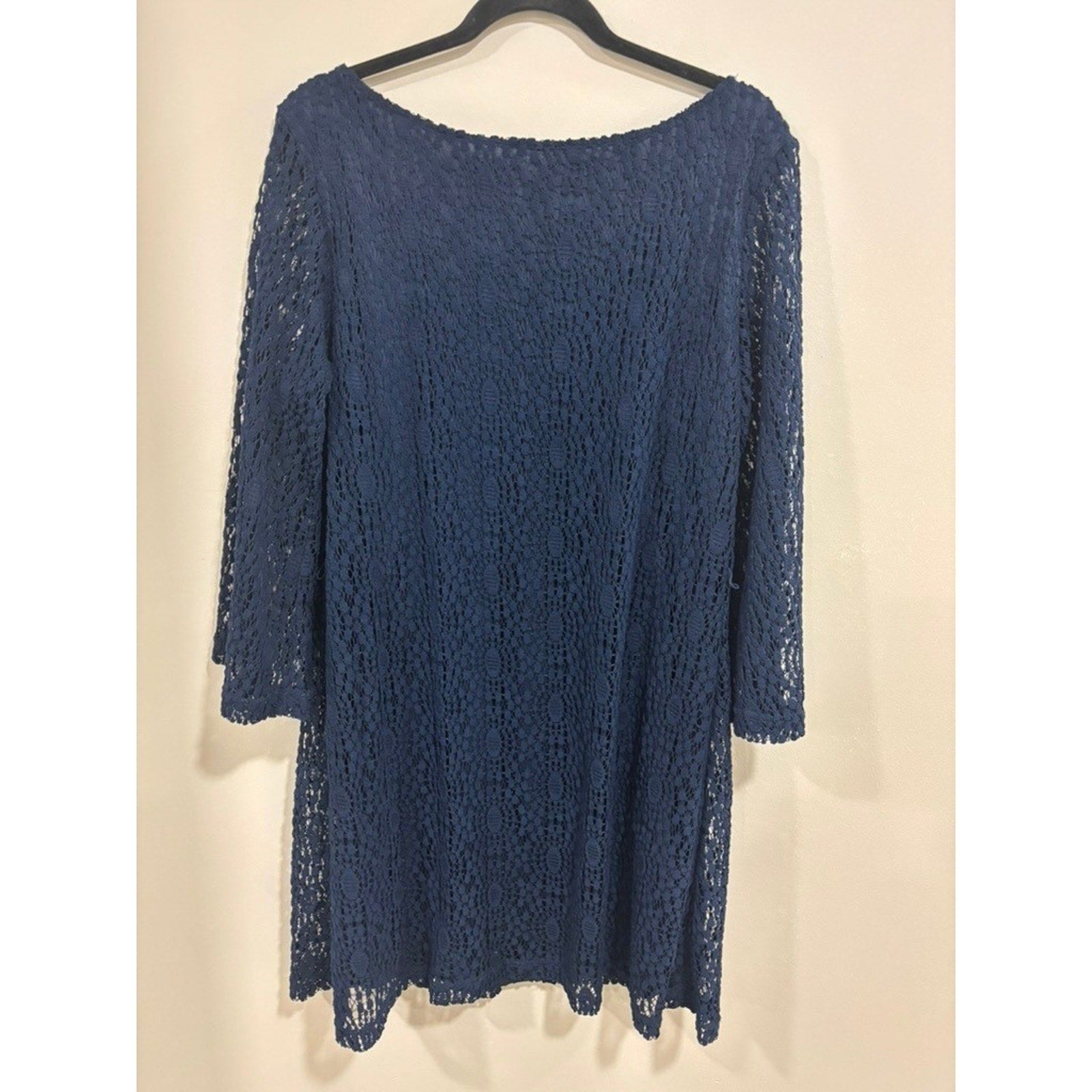 Sharagano Navy Lace Shift Dress Lined 3/4 Sleeve Size 14 Elegant Wedding Classic