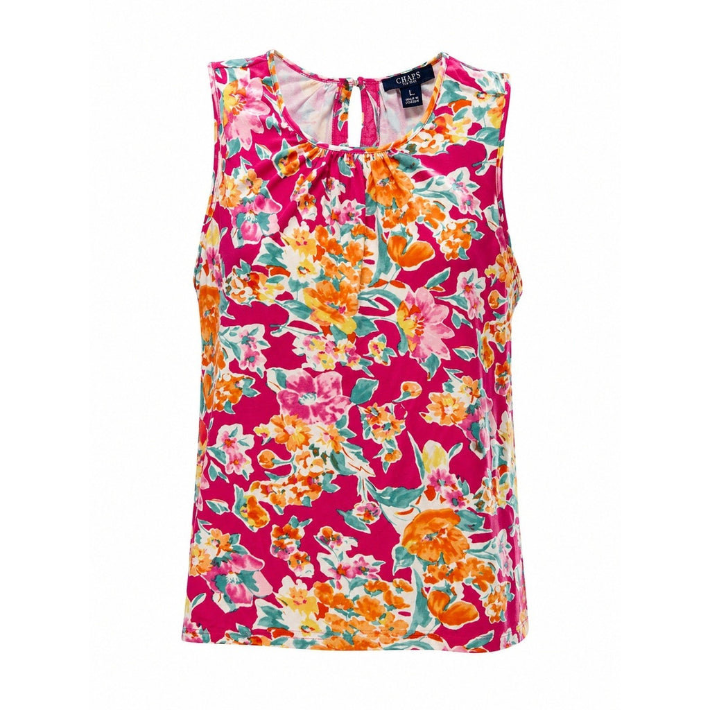 Chaps Womens Pink Floral Sleeveless Pleated Neck Shell Blouse Top Large L