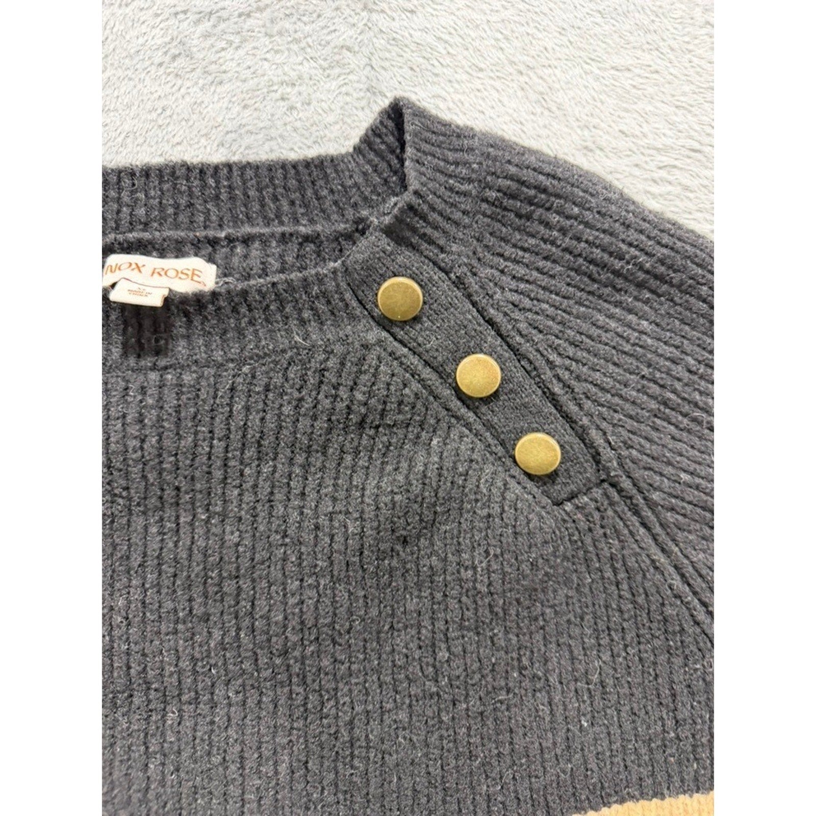 Knox Rose Sweater Womens XL Black Tan Stripe Ribbed Button Shoulder Cozy