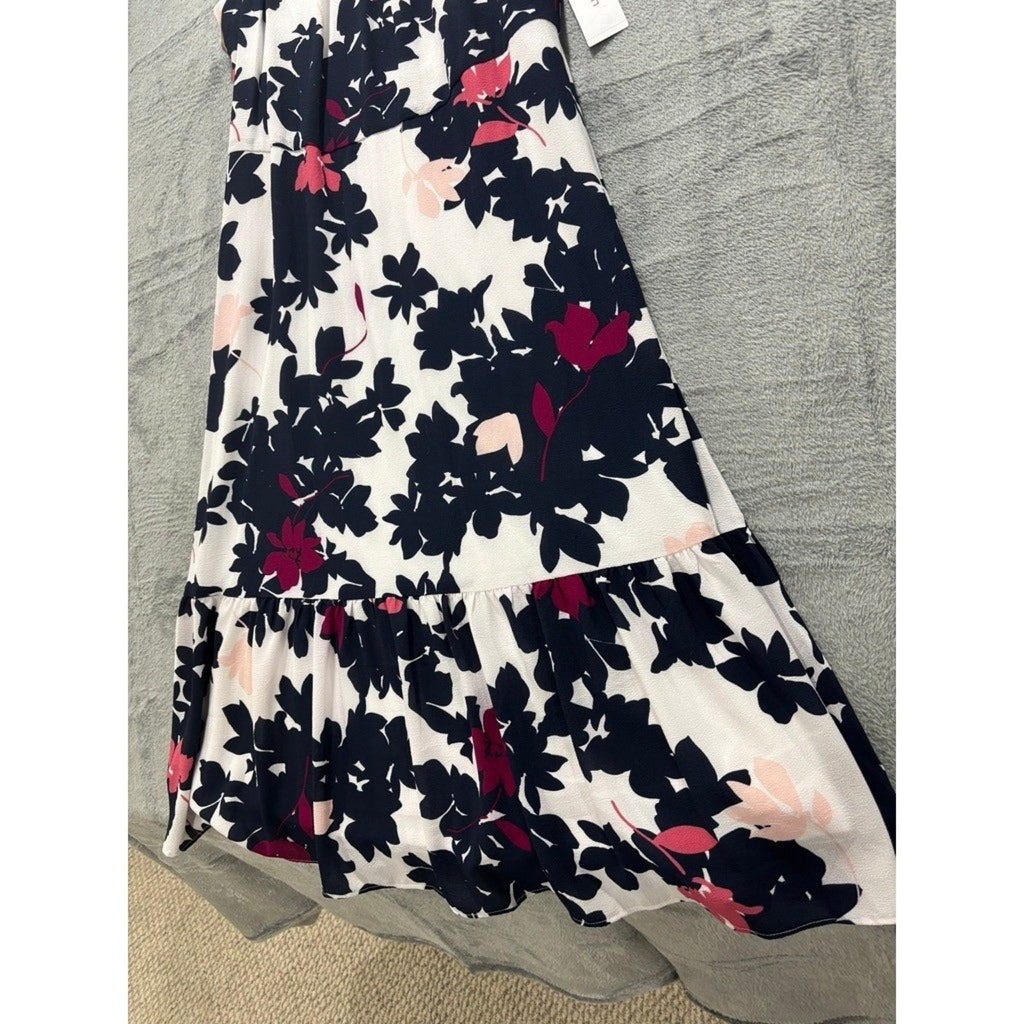 Liz Claiborne Womens 18 White Floral Ruffle Tiered Midi Dress Navy Pink NWT