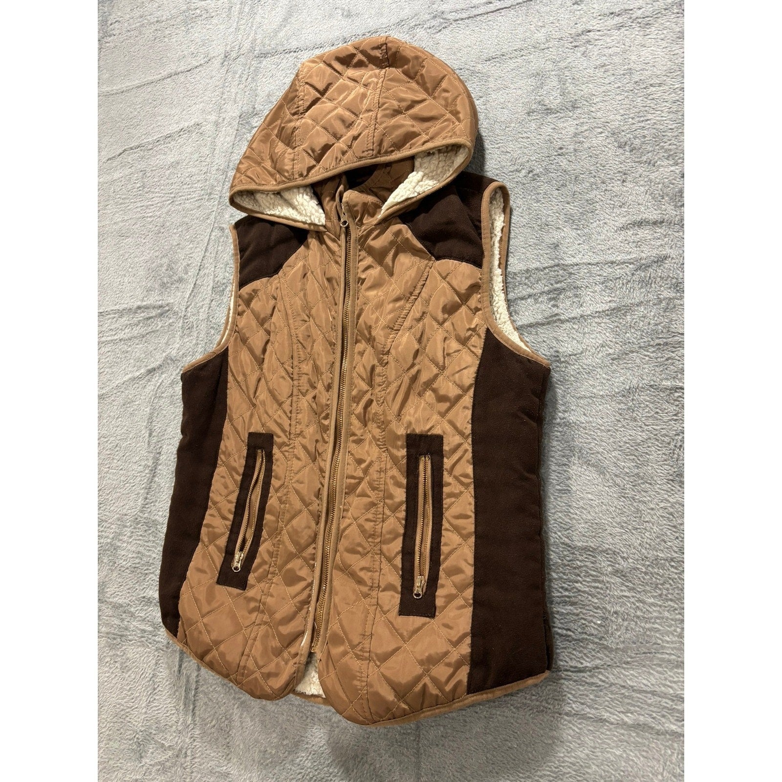 Ci Sono Quilted Vest Womens Medium Brown Hooded Sherpa Lined Zip
