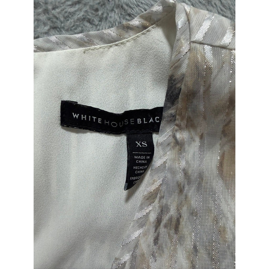 White House Black Market XS Tiered Ruffle Shell Top Metallic Stripe Abstract Tan