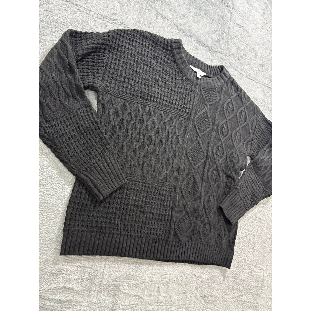 Time and Tru M Black Womens Mixed Cable Knit Sweater Crewneck Cozy Casual Boho
