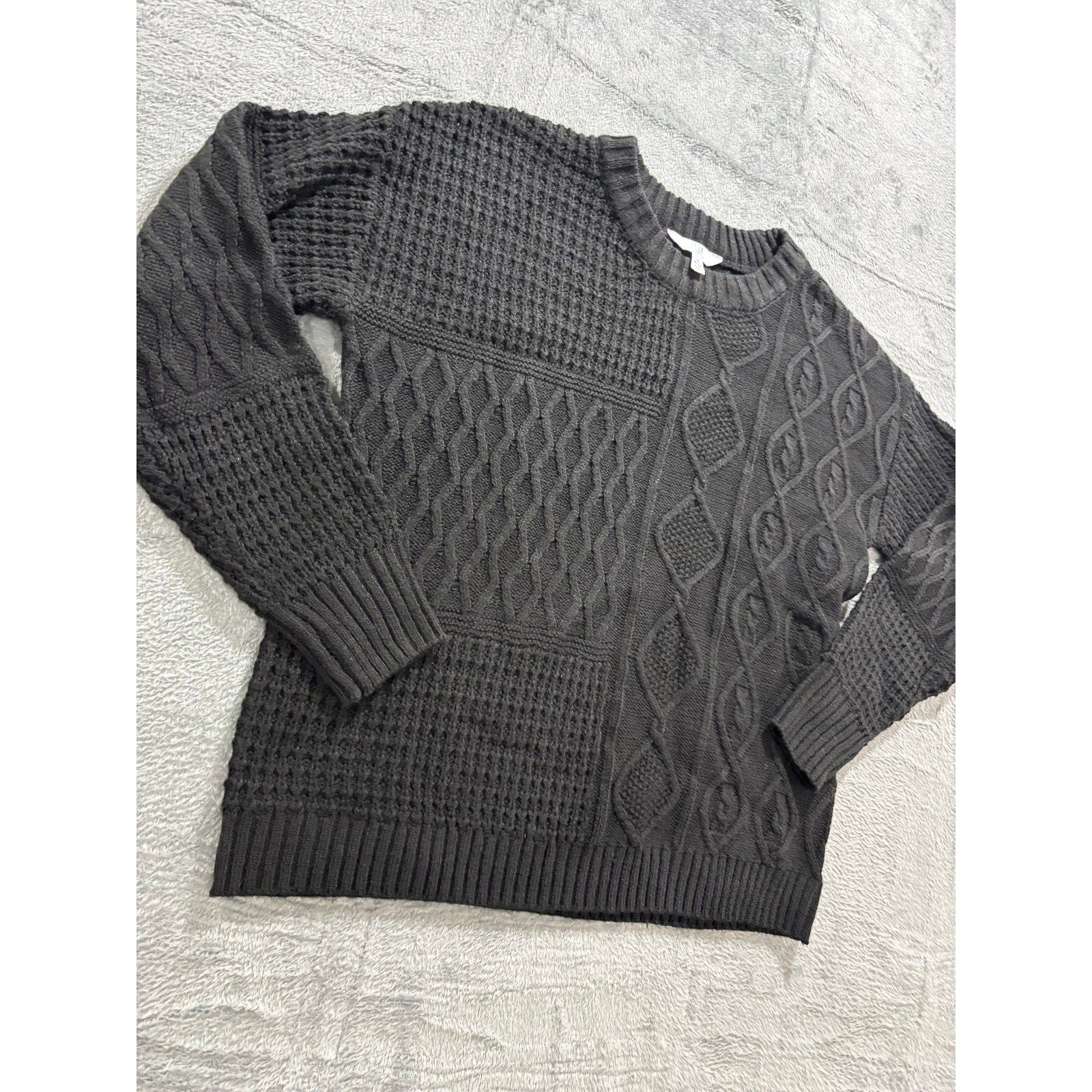 Time and Tru M Black Womens Mixed Cable Knit Sweater Crewneck Cozy Casual Boho
