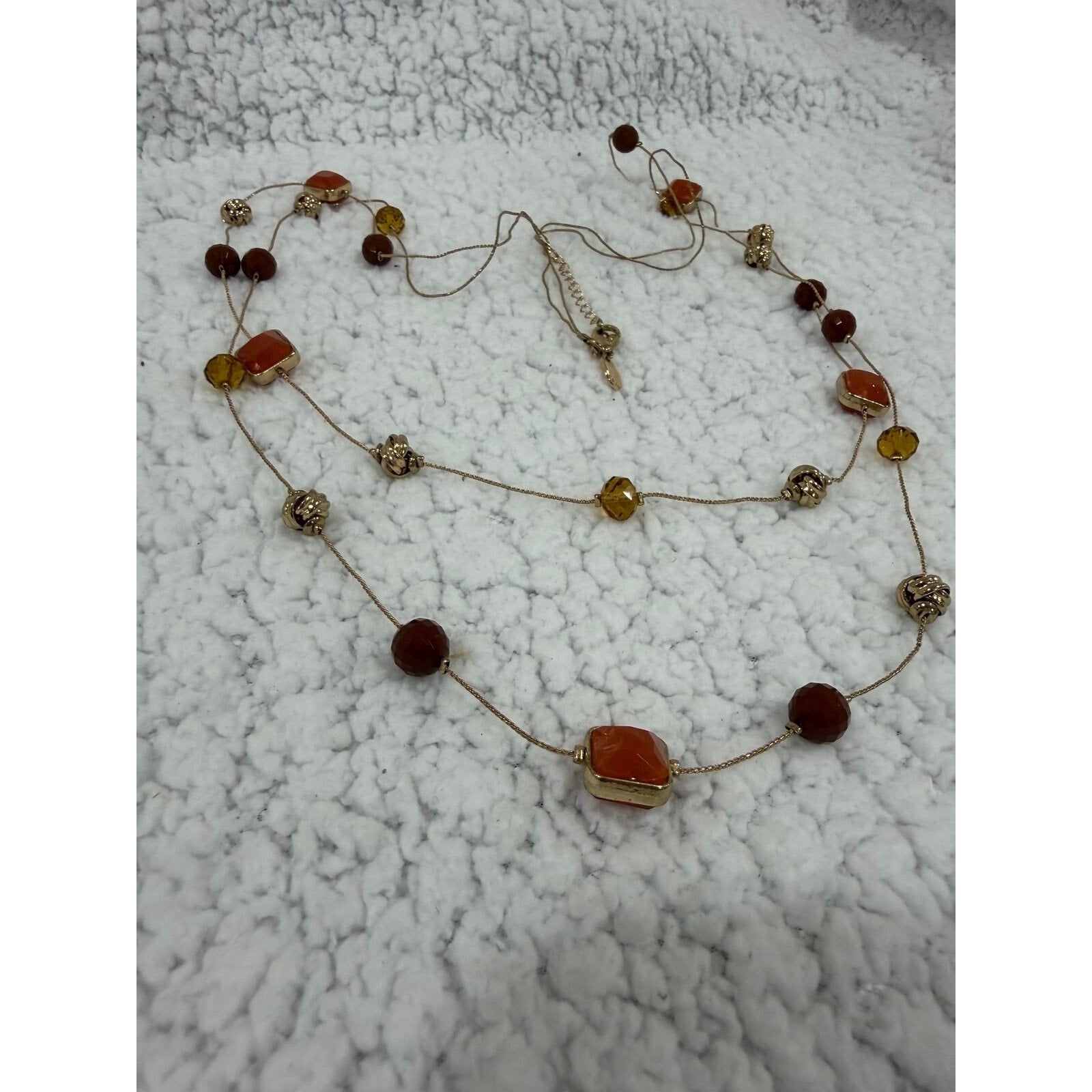 Chicos Womens OS Gold Orange Brown Beaded Double Layer Necklace Boho Casual