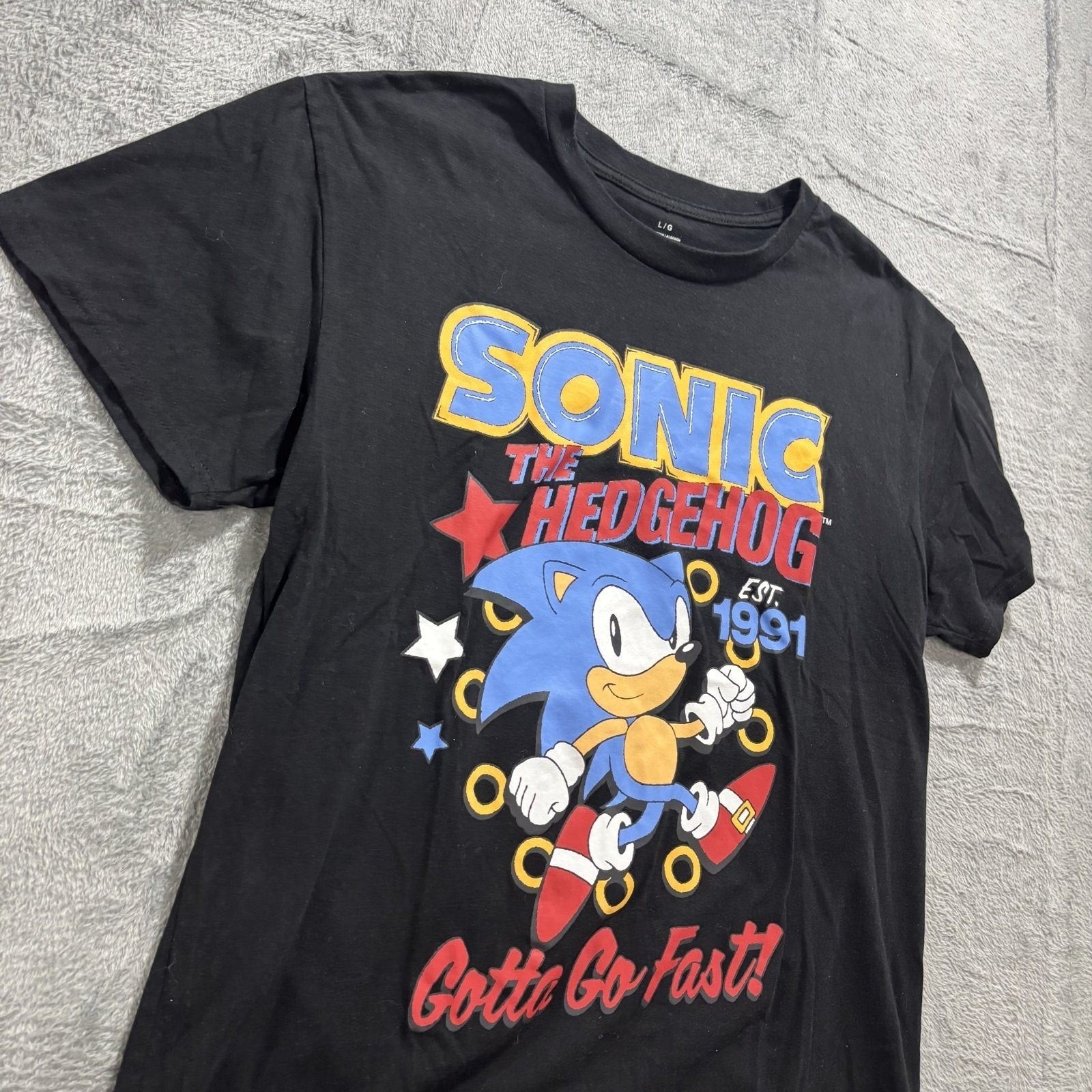 Sonic The Hedgehog L Black Graphic T-Shirt Womens Vintage Casual Retro Tee