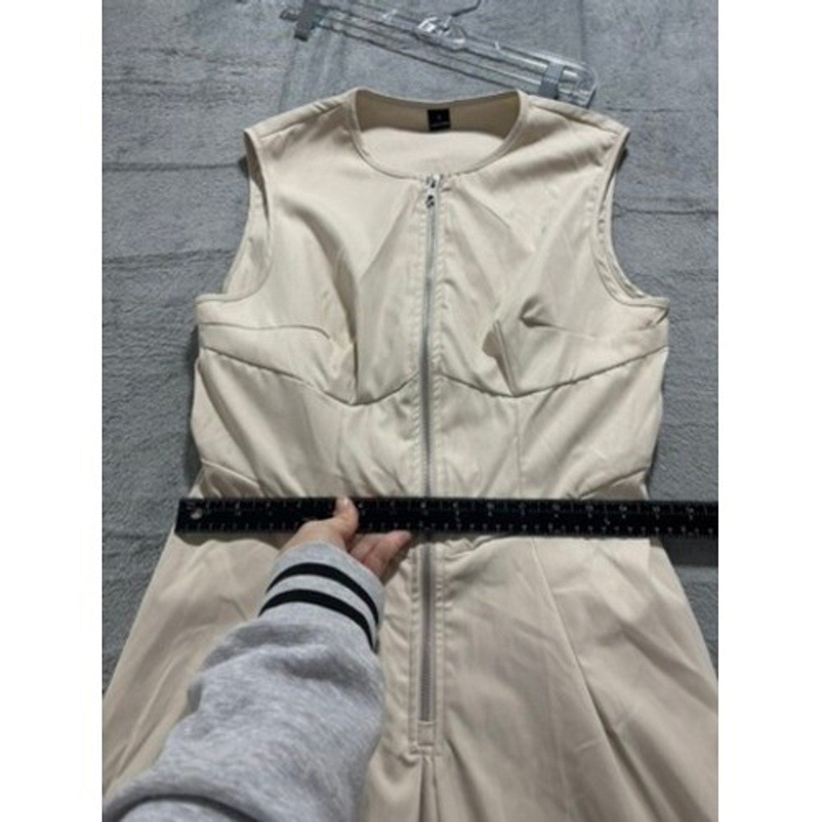 Beige Sleeveless Front Zip Pleated Maxi Dress Corset Bodice Minimalist Neutral