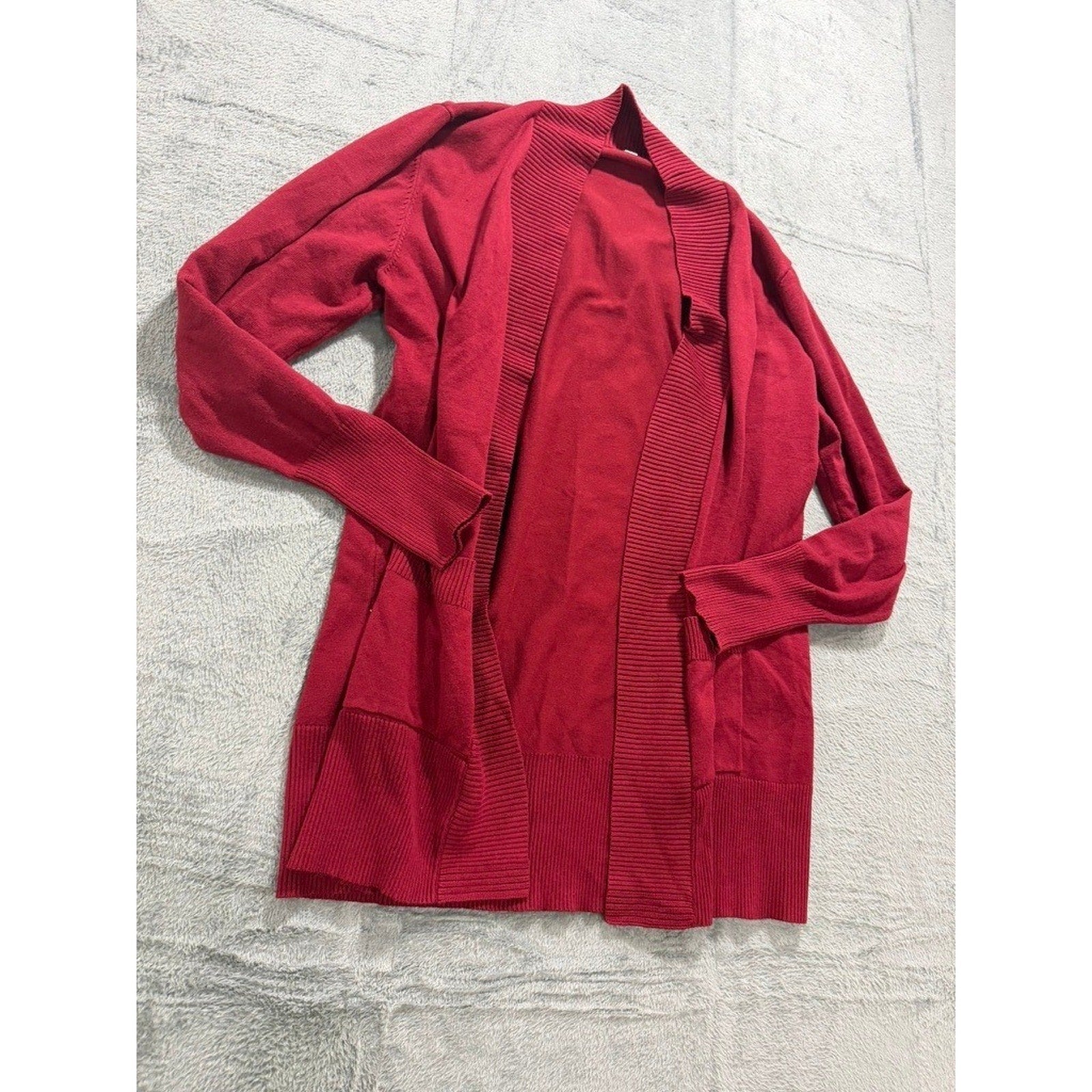 Sueani Womens Red Open Front Cardigan Ribbed Knit Pocket Sweater Large Office