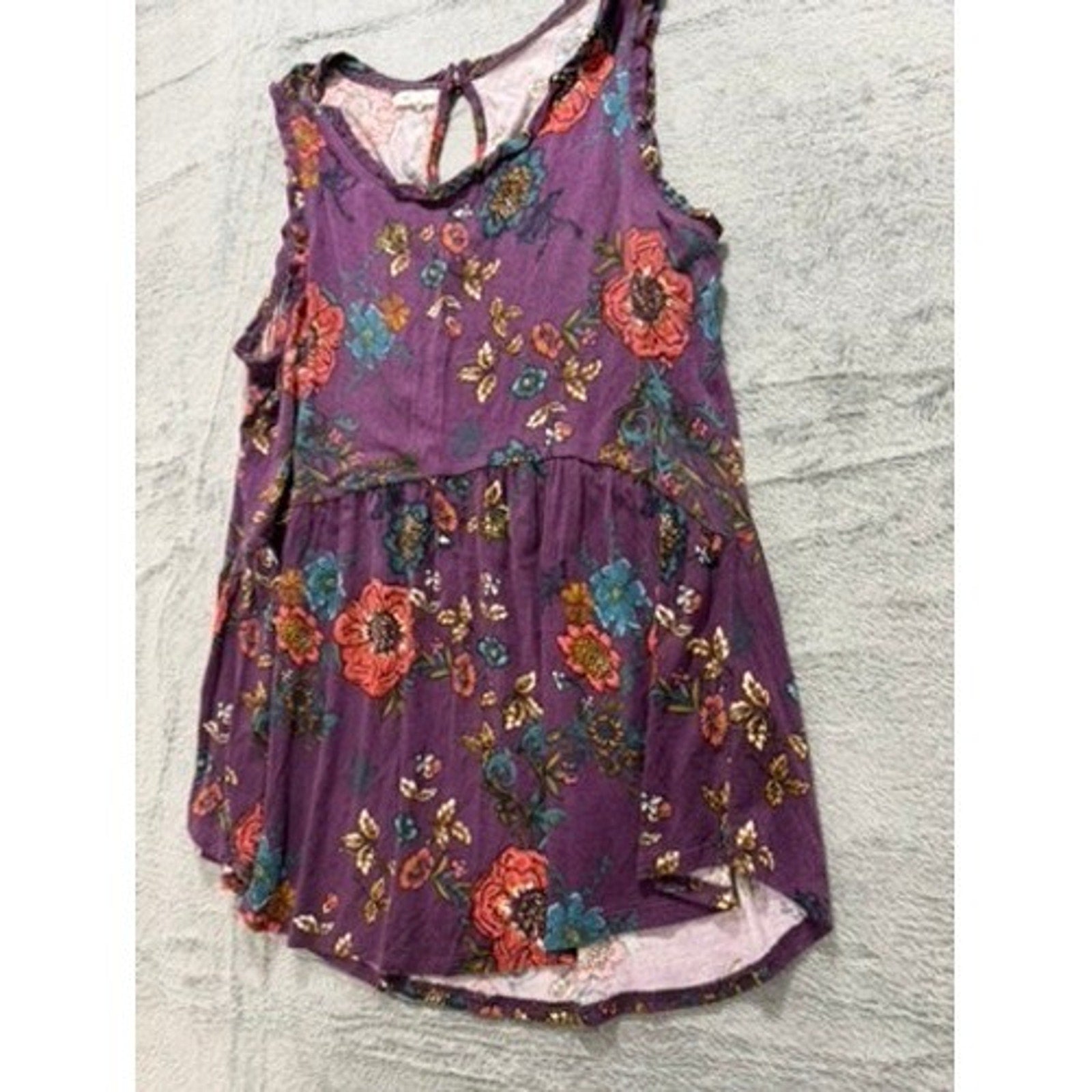 Maurices Purple Floral Babydoll Tank Ruffle Empire Waist Womens L Boho Summer
