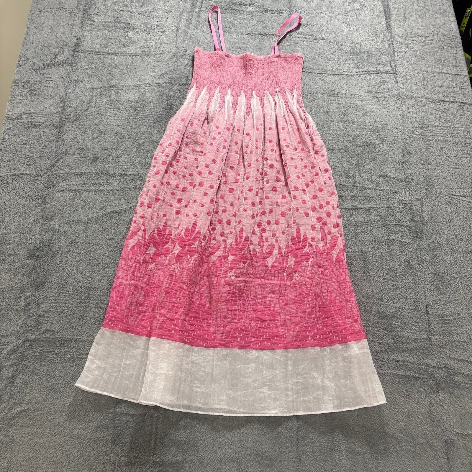 Lapis Womens OS Pink Smocked Polka Dot Floral Maxi Dress Boho Festival