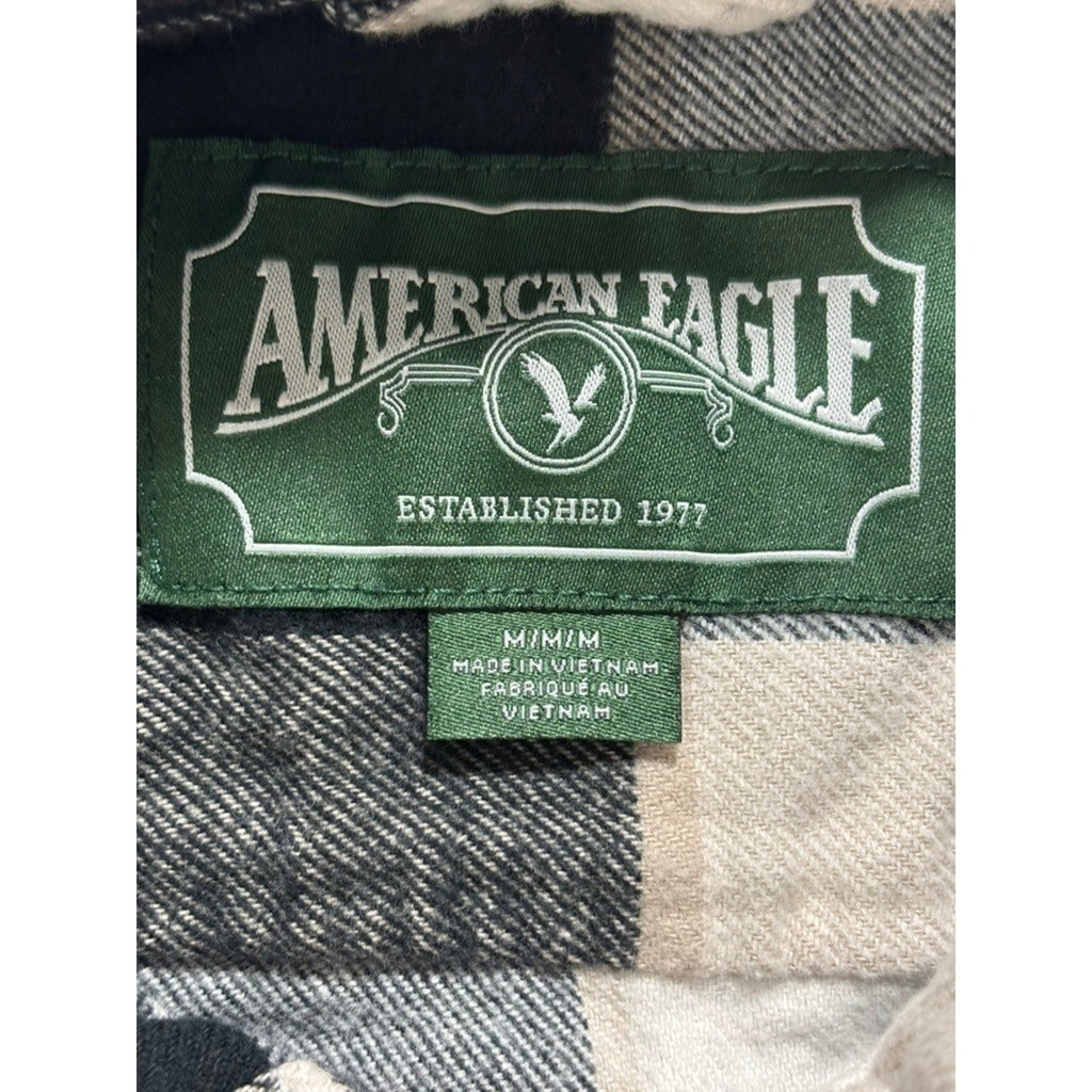American Eagle M Beige Black Flannel Button Down Shirt Womens Vintage Casual