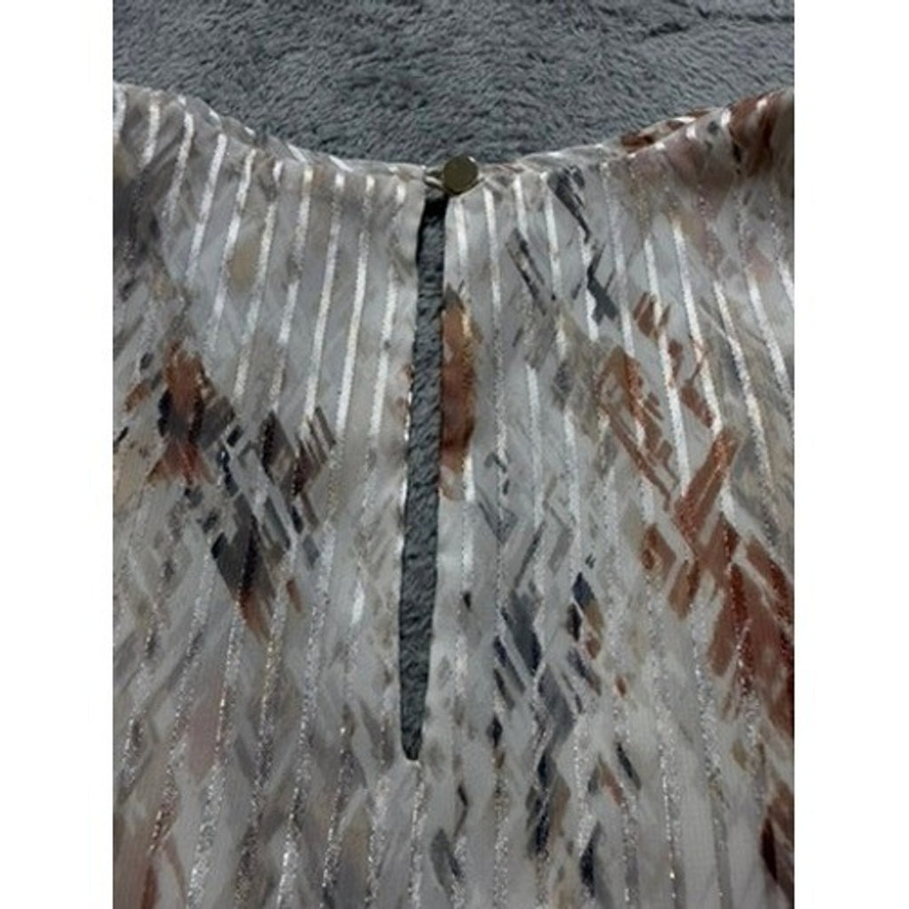 White House Black Market XS Tiered Ruffle Shell Top Metallic Stripe Abstract Tan