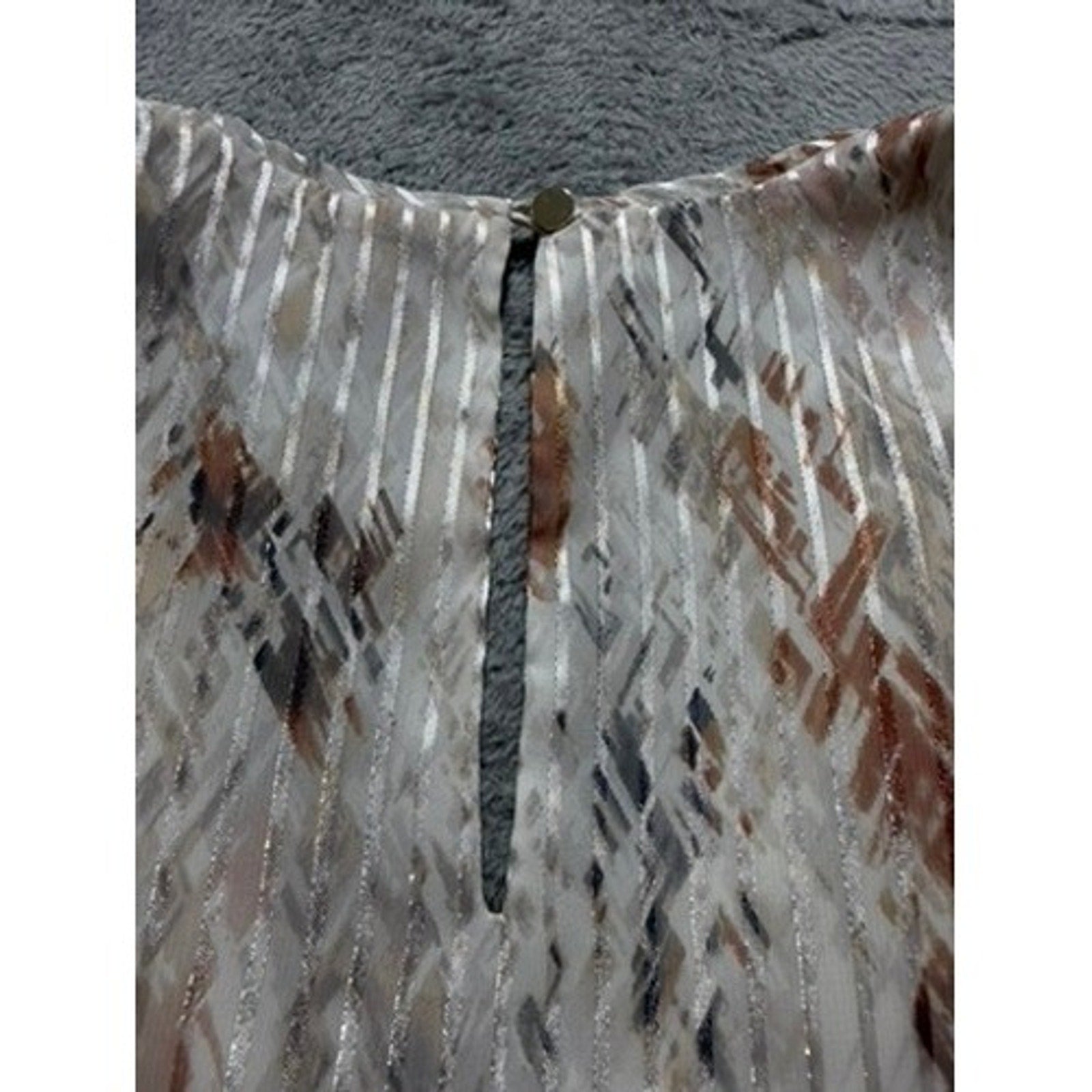 White House Black Market XS Tiered Ruffle Shell Top Metallic Stripe Abstract Tan