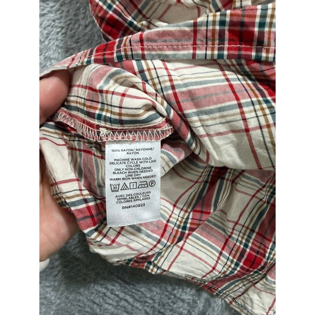 LOFT Outlet Womens Red Plaid Peplum Blouse Long Sleeve Tie Neck Rayon Top Large