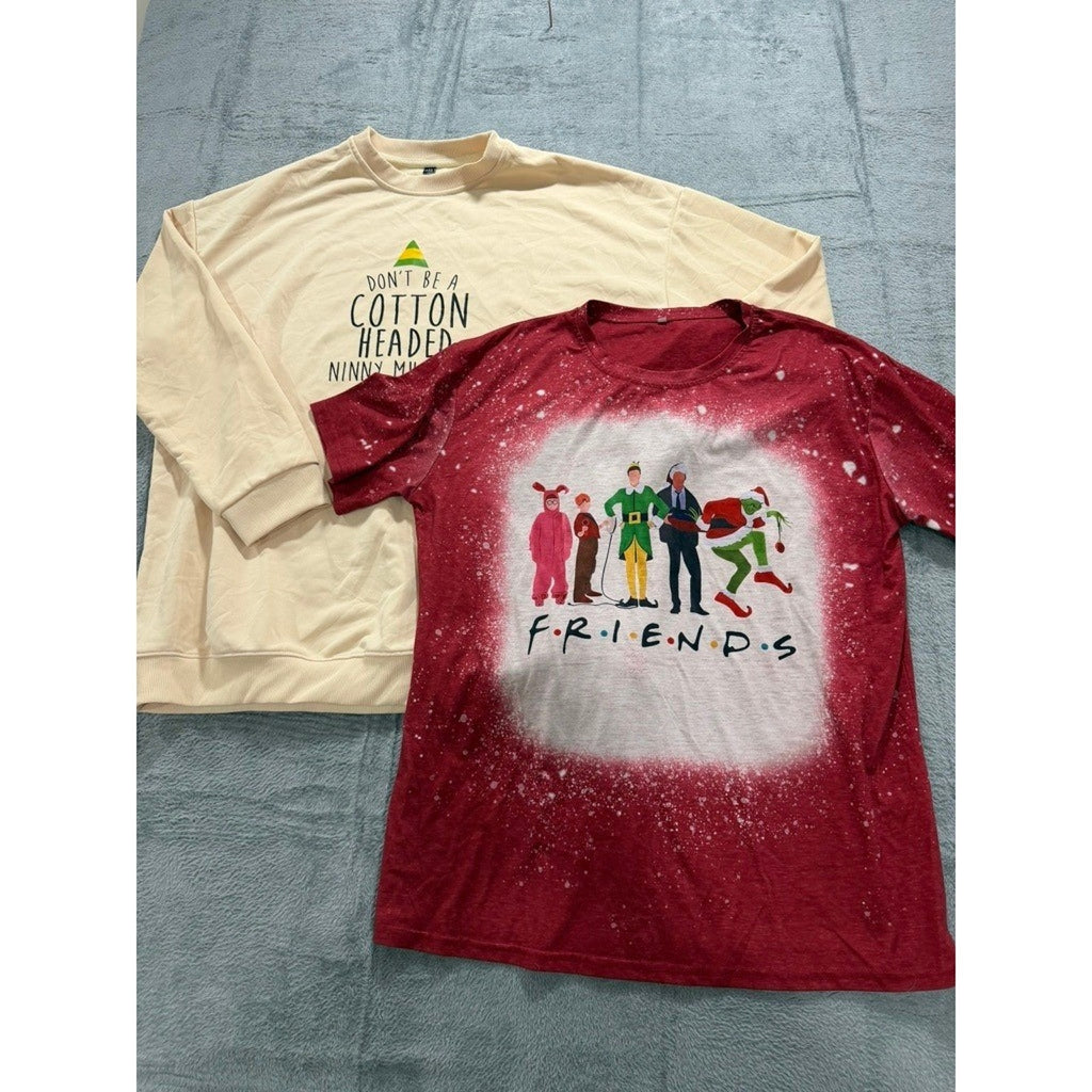 Christmas Elf Friends Mashup Bleached T-Shirt Bundle Unisex 2XL 3XL Holiday Lot