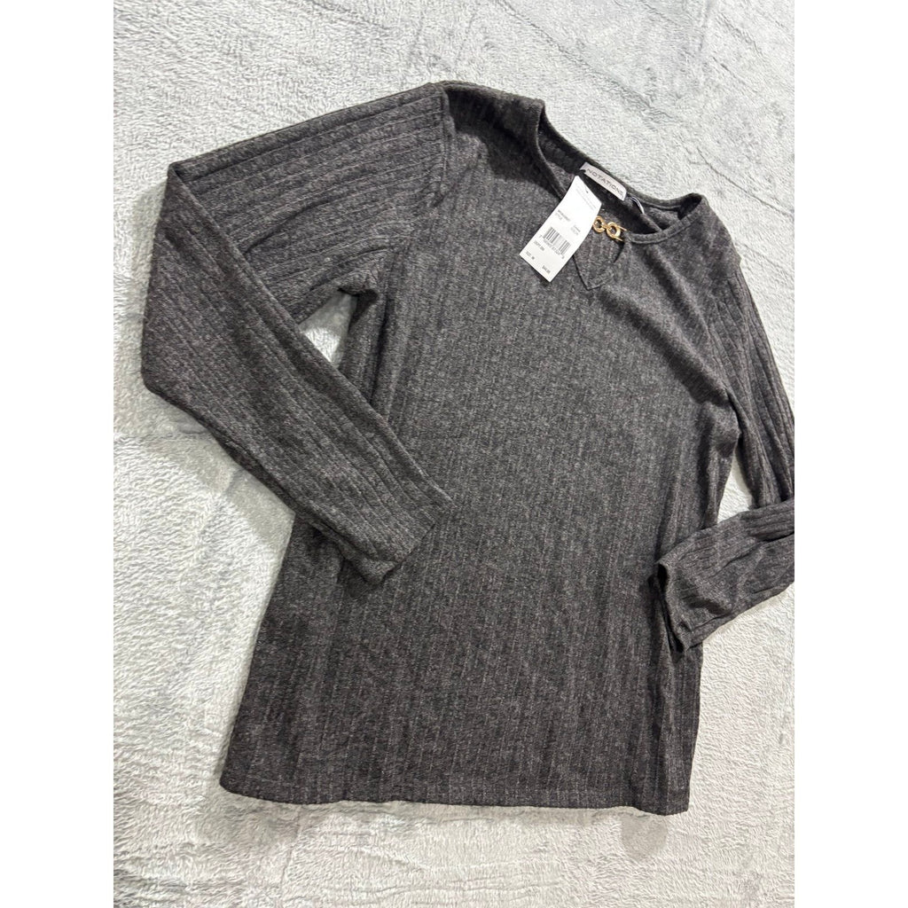 Notations Womens M Charcoal Gray Ribbed Long Sleeve Top Gold Chain Casual Preppy