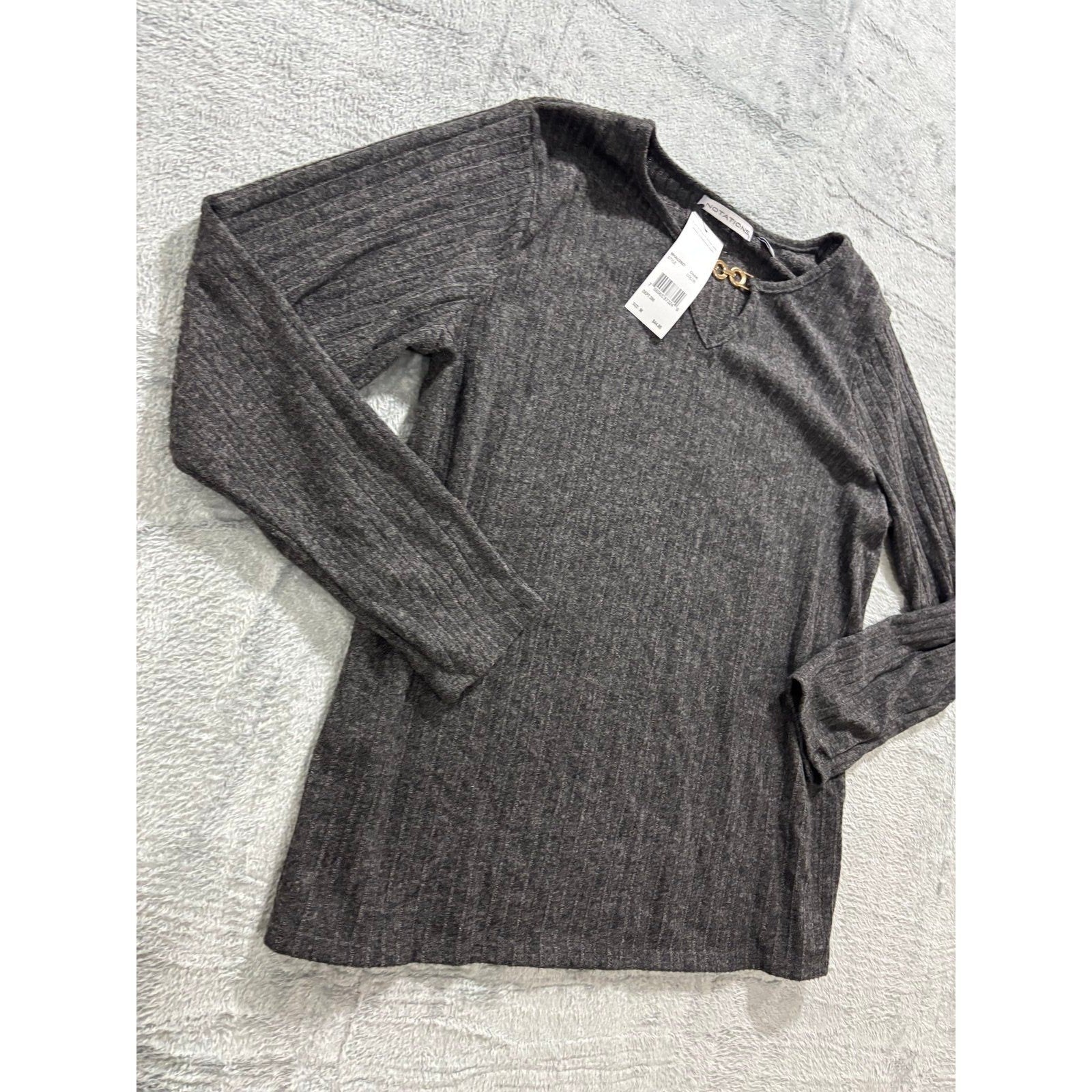 Notations Womens M Charcoal Gray Ribbed Long Sleeve Top Gold Chain Casual Preppy