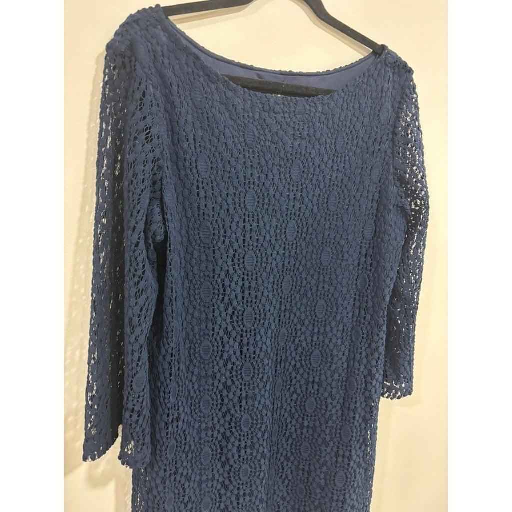 Sharagano Navy Lace Shift Dress Lined 3/4 Sleeve Size 14 Elegant Wedding Classic