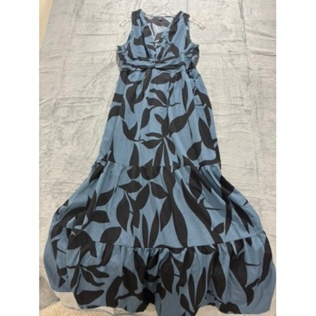 Blue Black Tropical Leaf Print Smocked Tiered Maxi Dress Women Medium Vacation