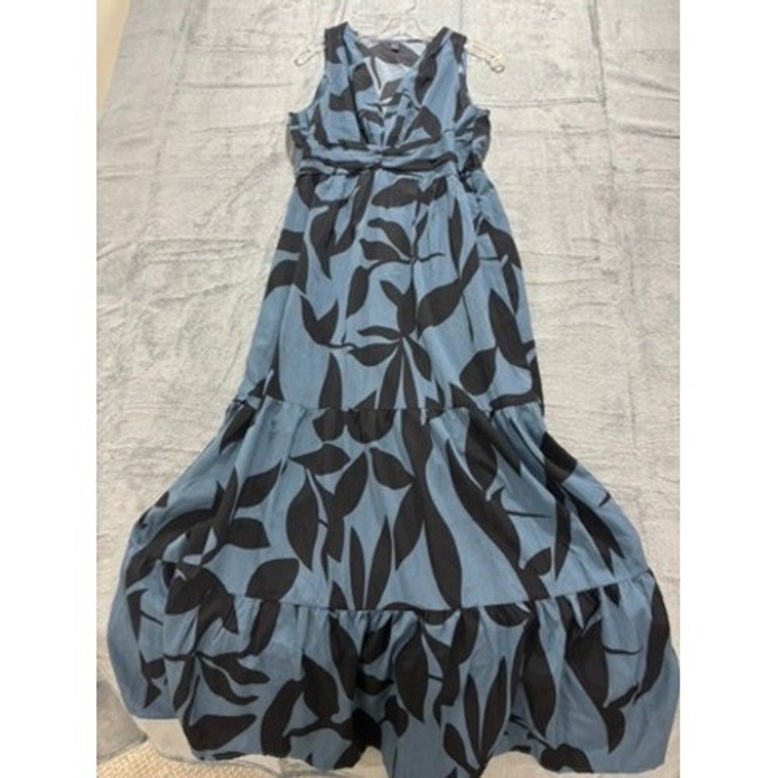 Blue Black Tropical Leaf Print Smocked Tiered Maxi Dress Women Medium Vacation