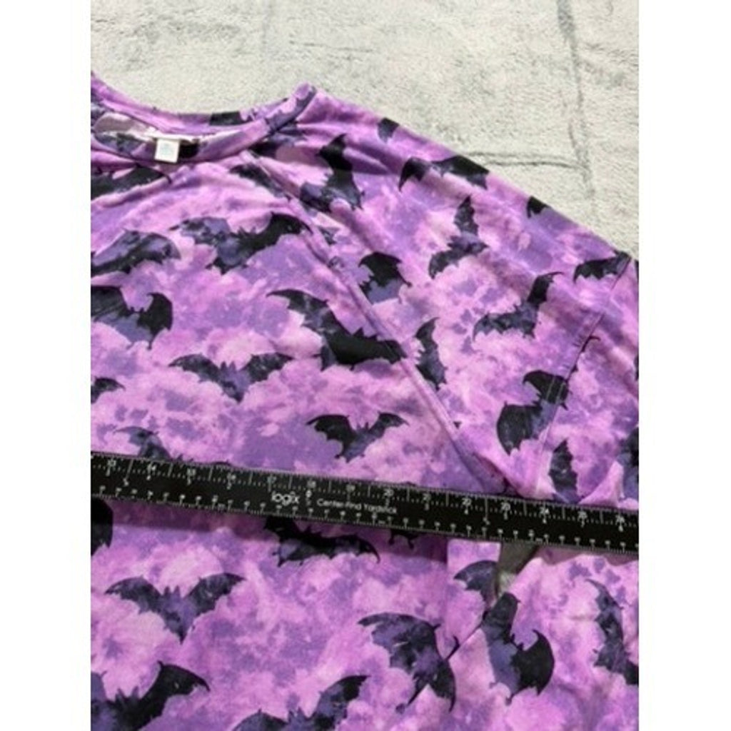 LuLaRoe Womens Purple Tie Dye Black Bat Long Sleeve Raglan Top XL Halloween Goth