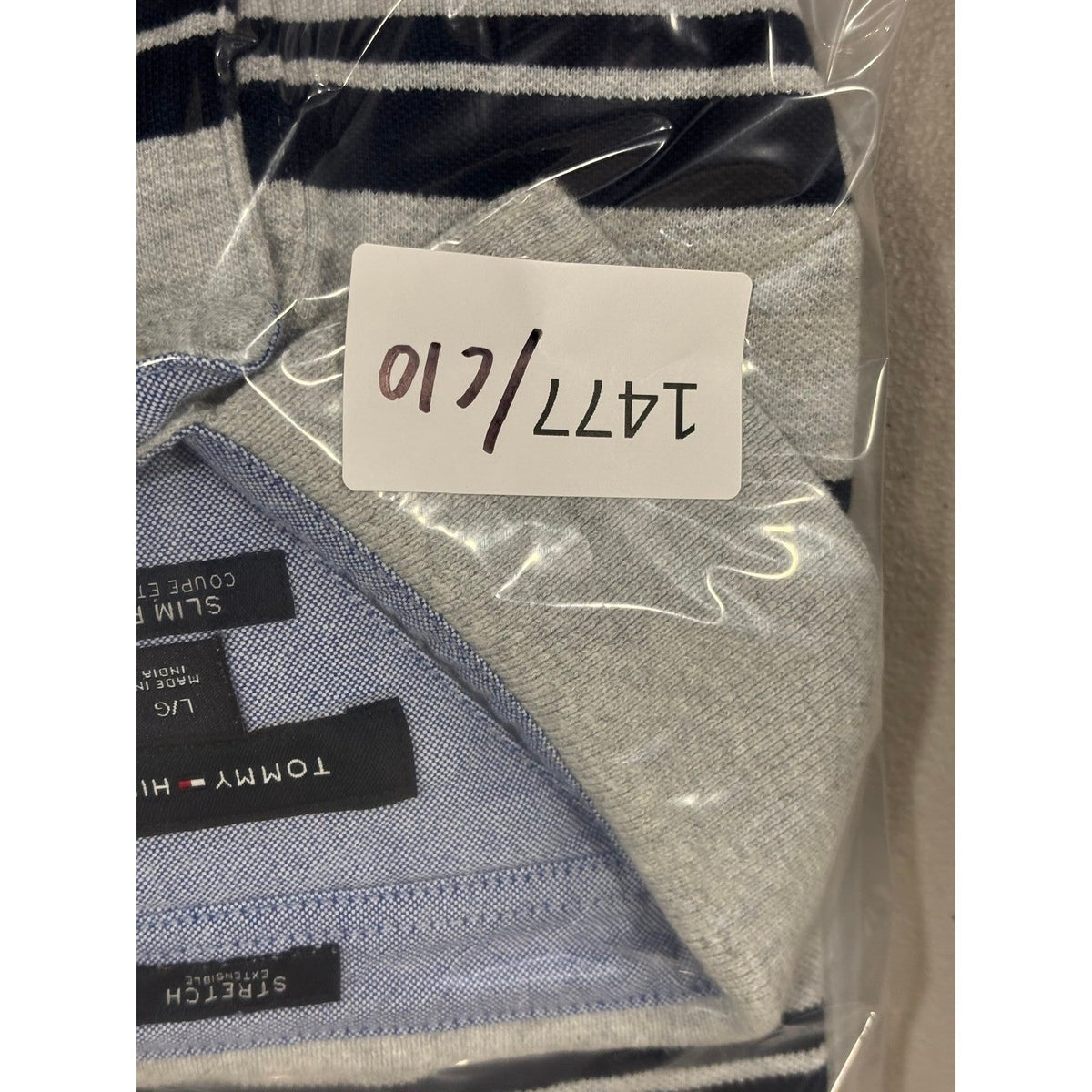 Tommy Hilfiger L Gray Navy Striped Slim Fit Polo Shirt Mens Preppy Casual