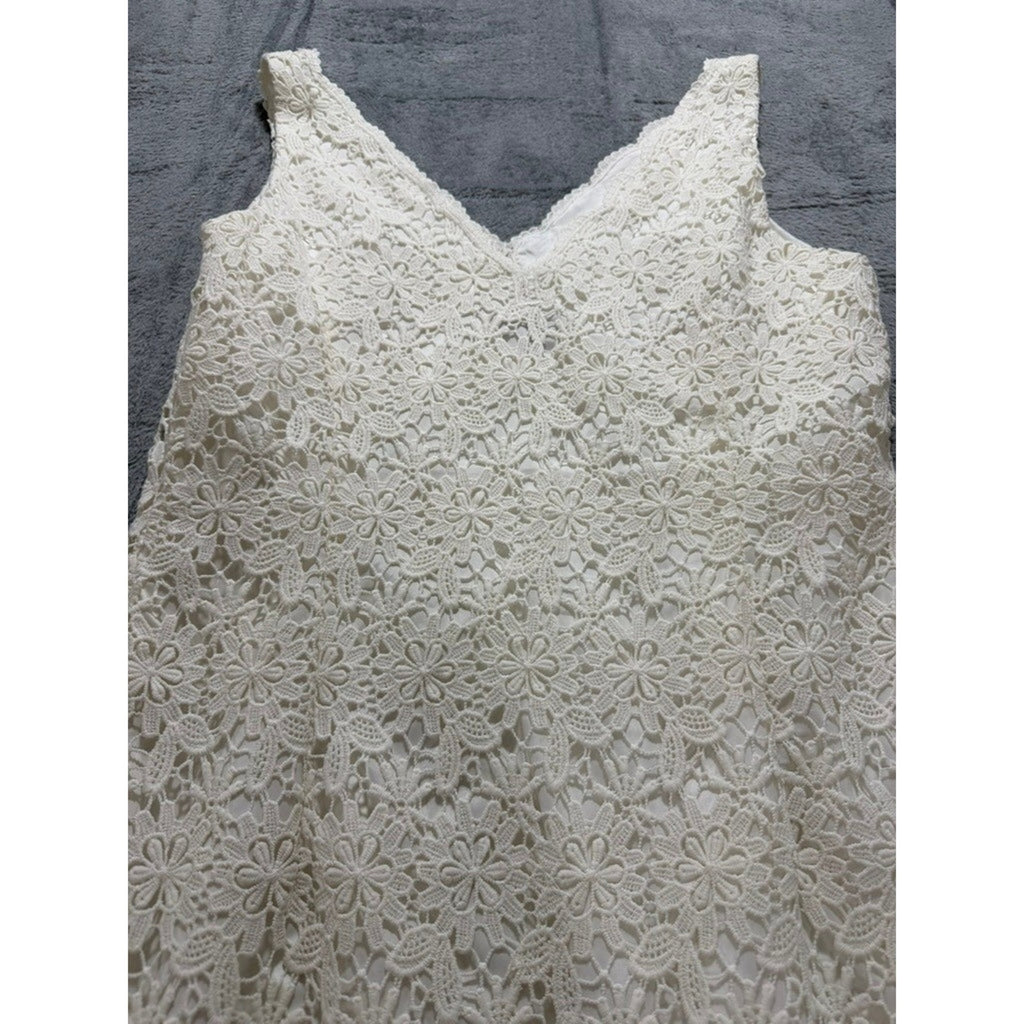 Ann Taylor Women Ivory White Floral Crochet Lace V-Neck Sleeveless Dress 14