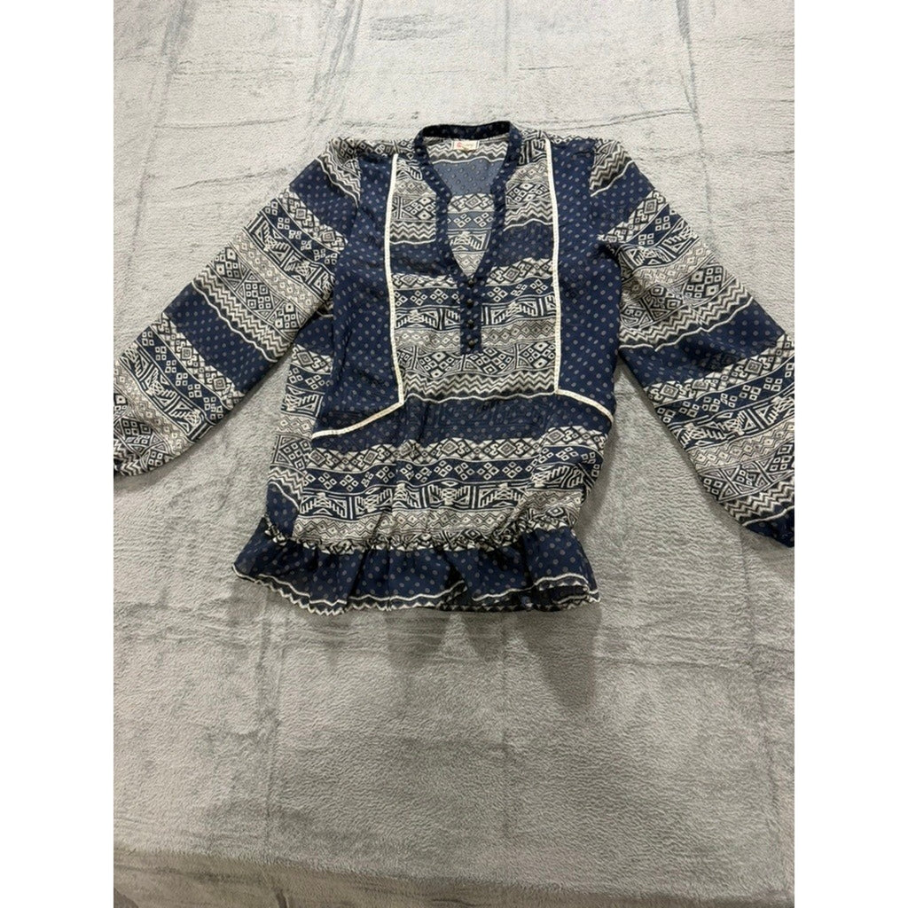 Olsenboye Boho Peplum Blouse Womens Large Blue Tribal Print Sheer Ruffle Top