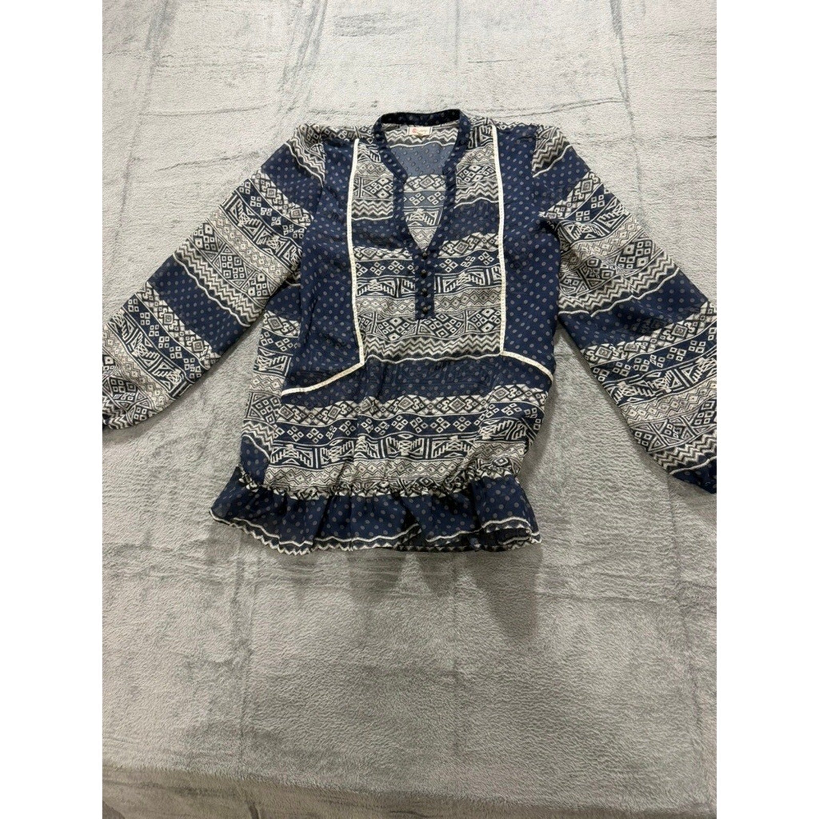 Olsenboye Boho Peplum Blouse Womens Large Blue Tribal Print Sheer Ruffle Top