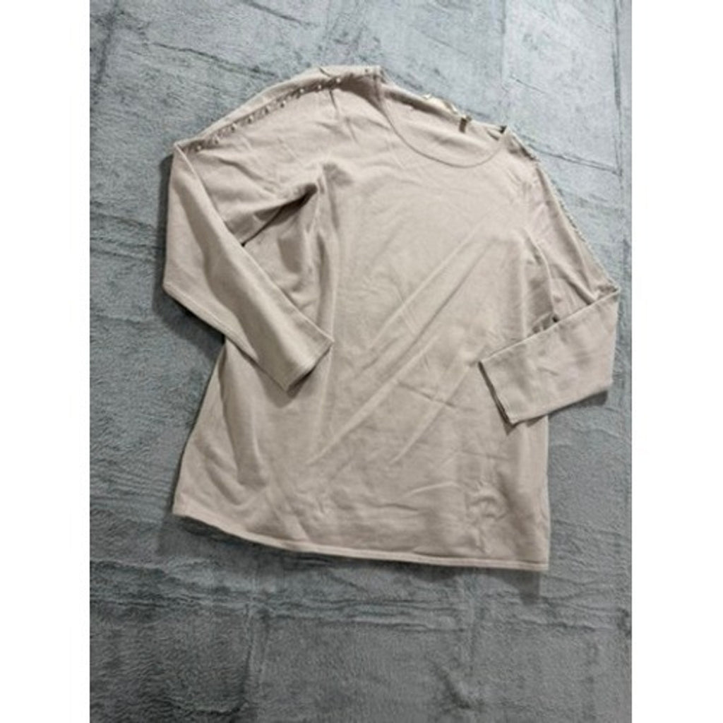 Soft Surroundings Taupe Pearl Embellished Scoop Neck Knit Sweater Top 2EU91 Mens