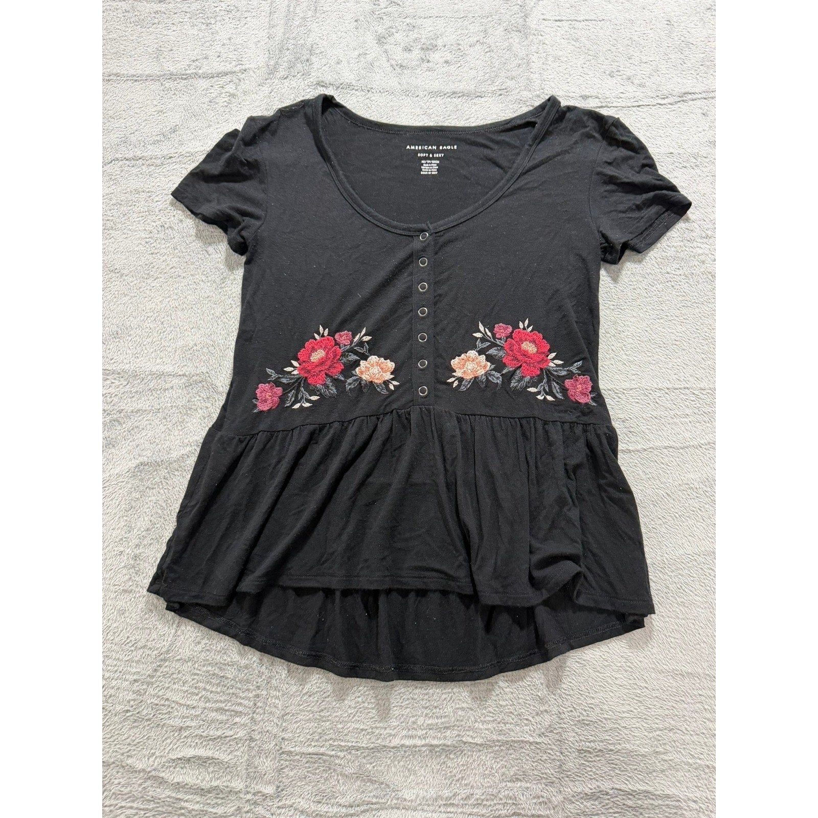 American Eagle Soft & Sexy Black Floral Embroidered Babydoll Peplum Top XS