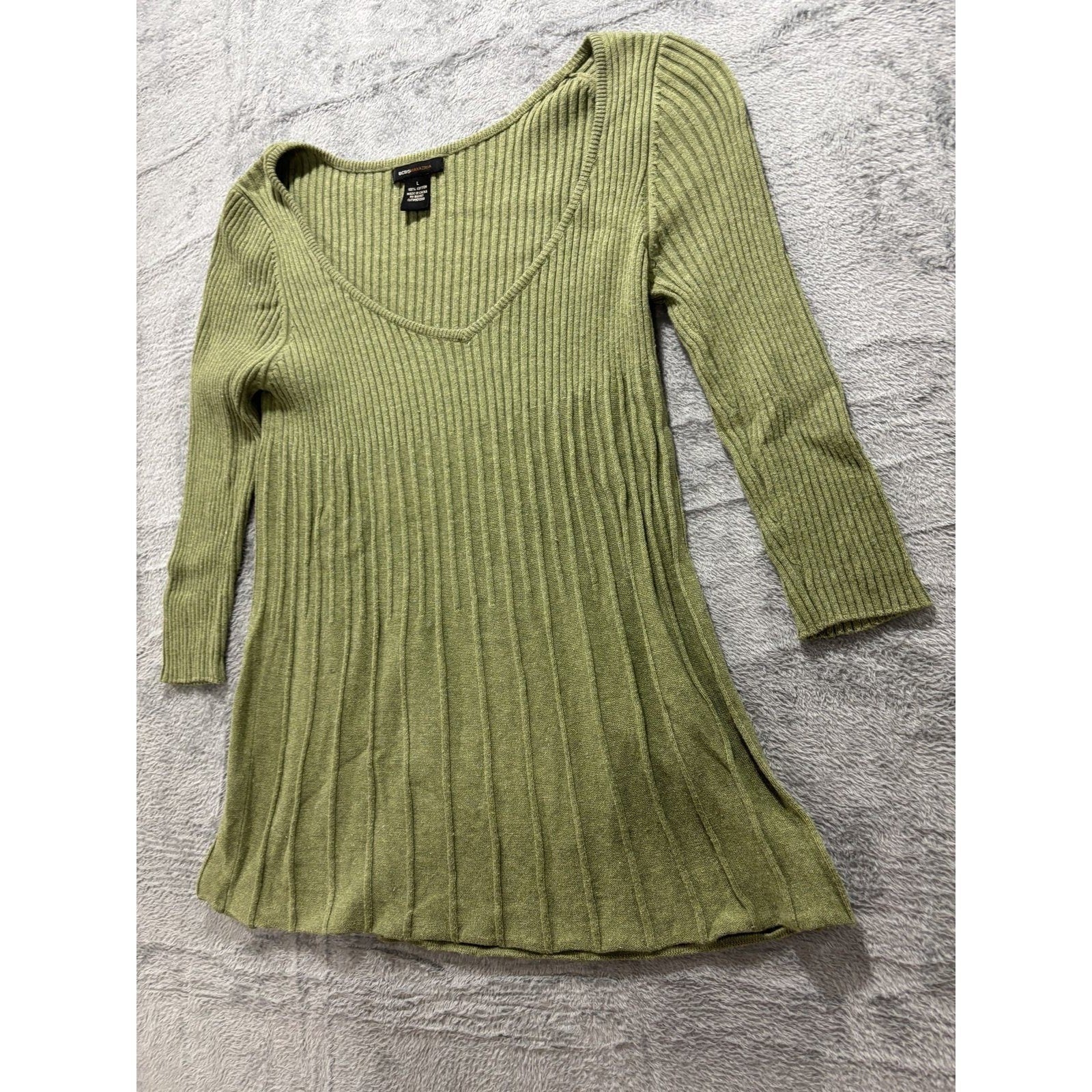 BCBGMAXAZRIA L Green Ribbed Knit V-Neck Peplum Top Womens Boho Casual
