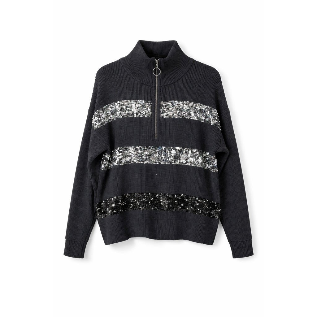 Nine West black sequin stripe half zip sweater