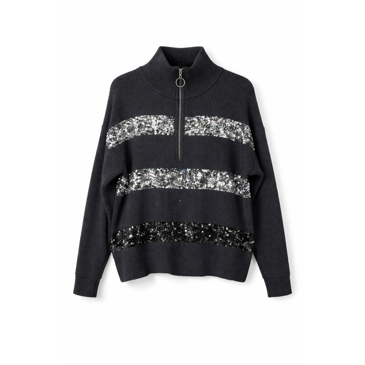 Nine West black sequin stripe half zip sweater