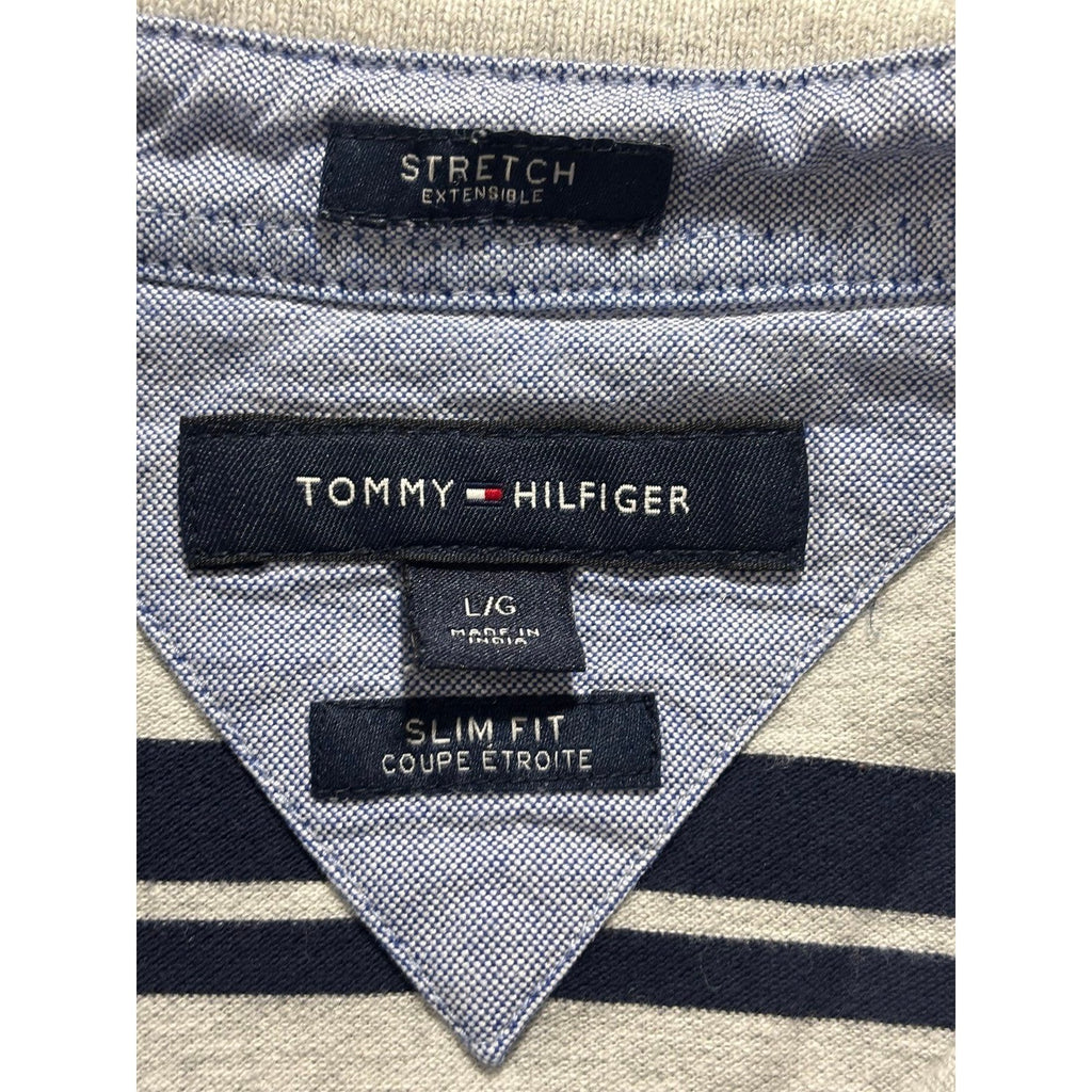 Tommy Hilfiger L Gray Navy Striped Slim Fit Polo Shirt Mens Preppy Casual