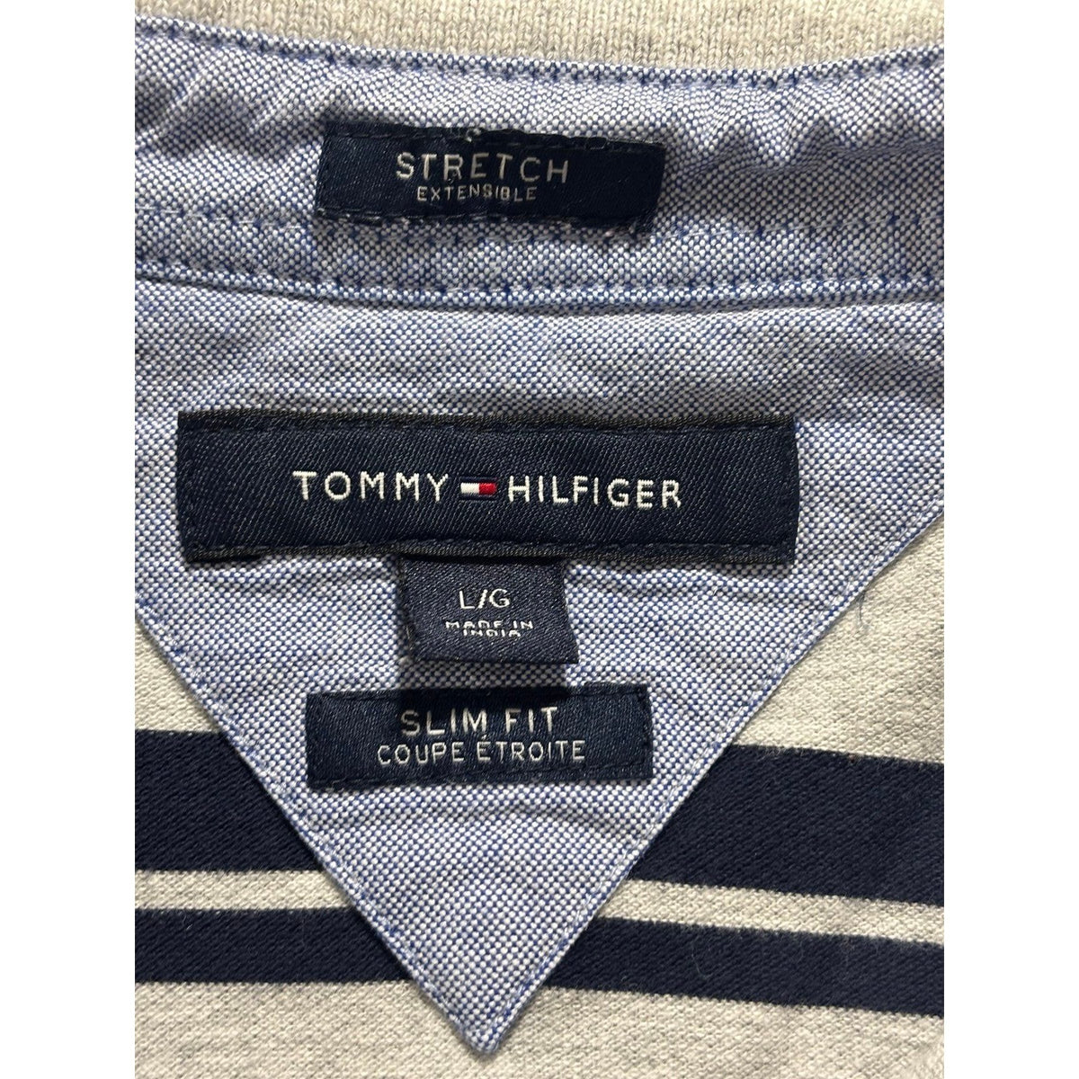 Tommy Hilfiger L Gray Navy Striped Slim Fit Polo Shirt Mens Preppy Casual