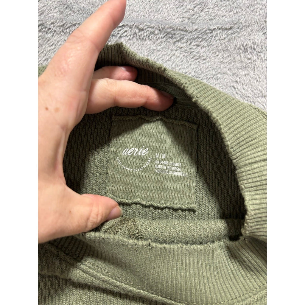 Aerie Womens M Olive Green Waffle Knit Pullover Sweater Oversized Casual Cozy