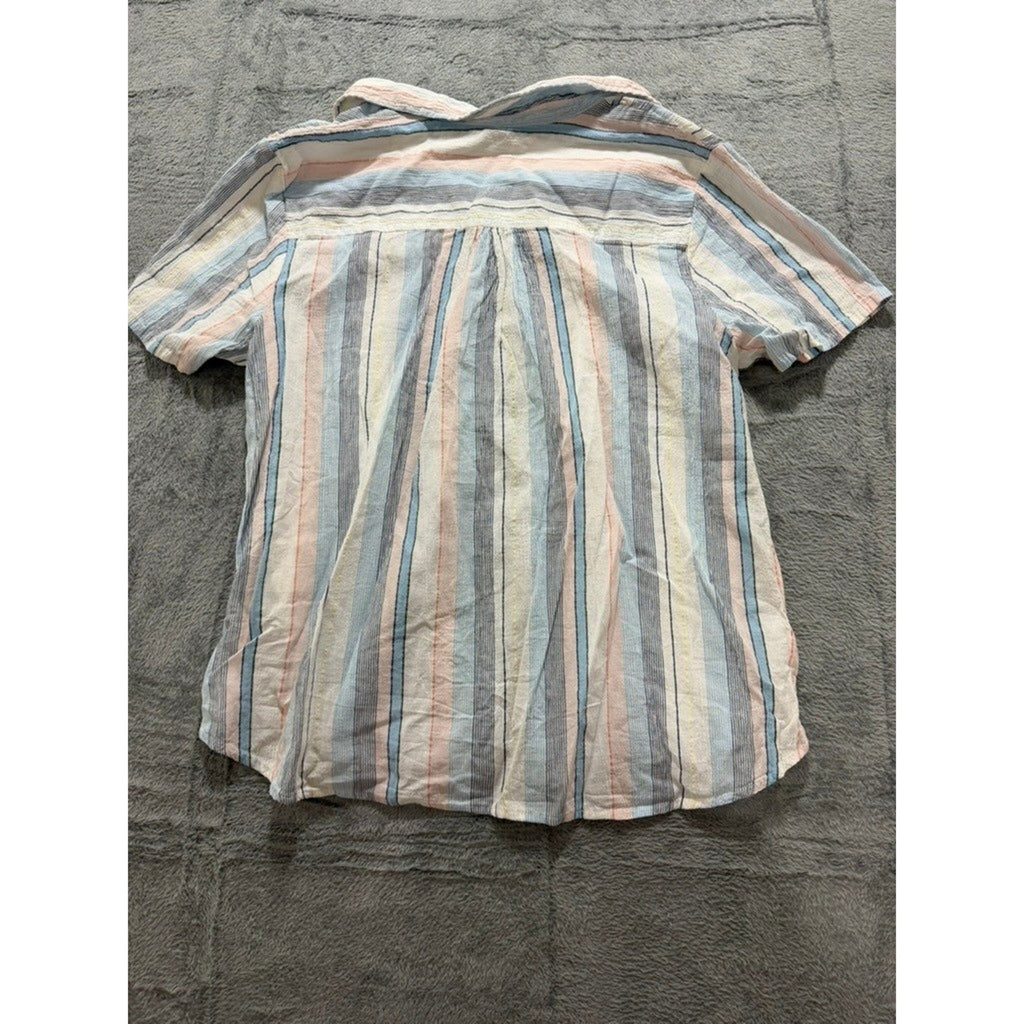 Erika Button Up Shirt Womens L Multicolor Stripe Cotton Short Sleeve Casual