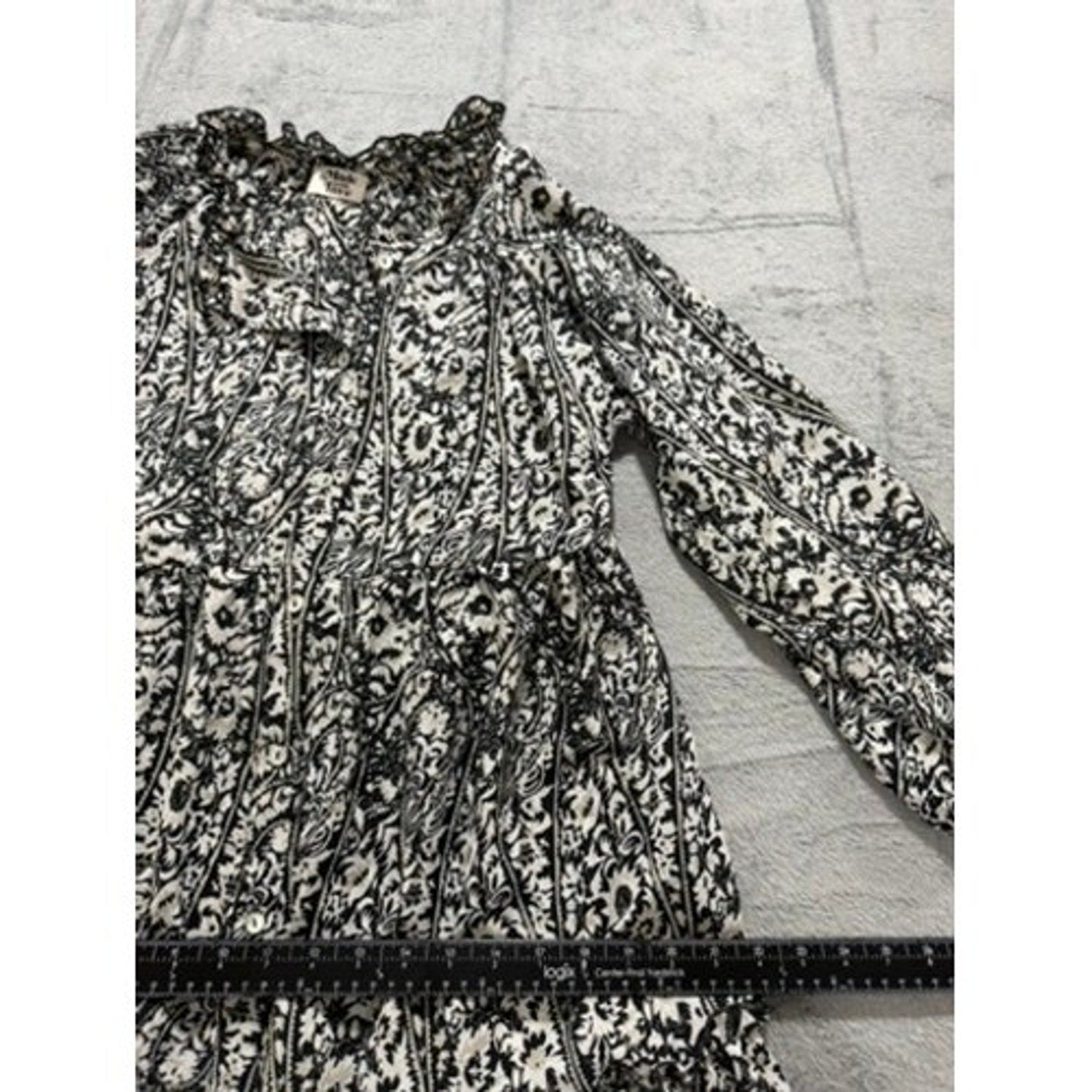 Made with Love Black White Paisley Floral Tiered Mini Dress Ruffle Neck LD3944 M