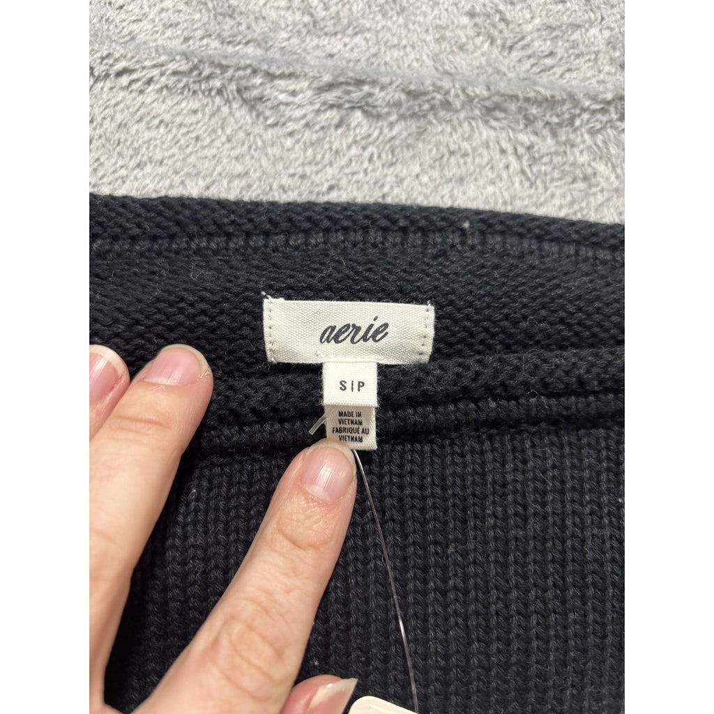 Aerie Womens S Black White Striped Knit Crewneck Sweater Casual Cozy Nautical