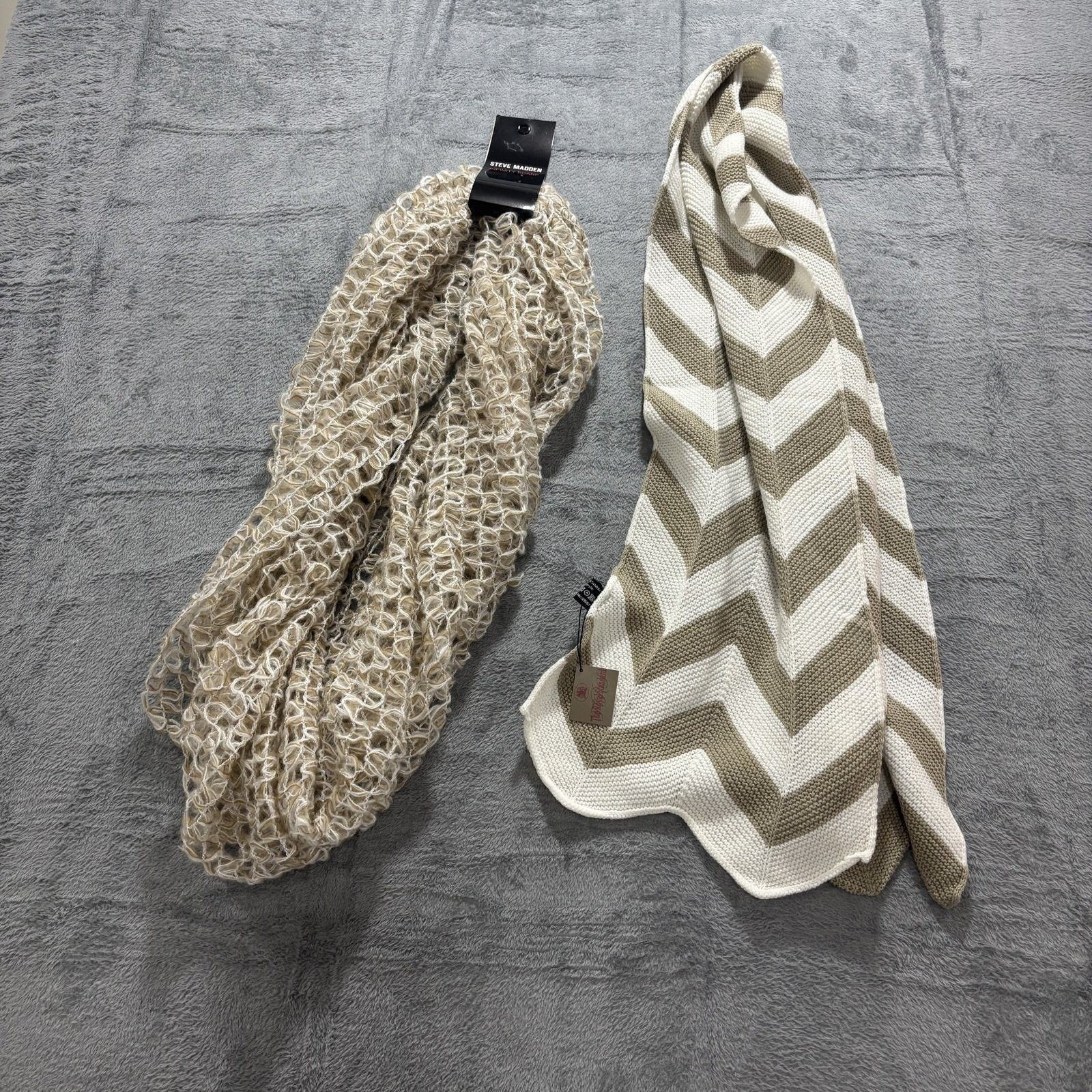 Steve Madden Womens OS Beige White Scarf Lot 2 Leopard Chevron Lightweight Chic