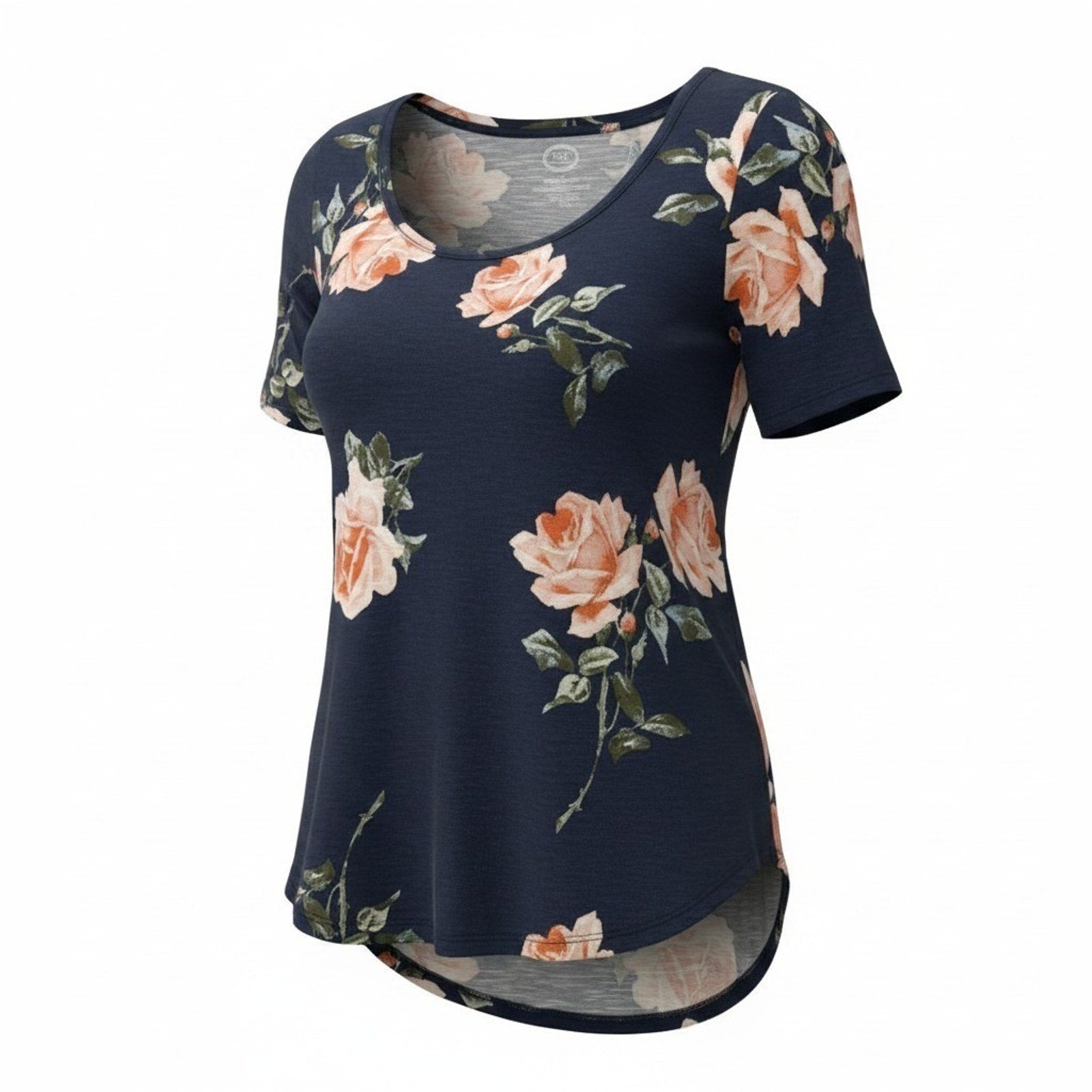 Maurices 24/7 Navy Peach Rose Floral High-Low T-Shirt Womens Large Boho Scoop
